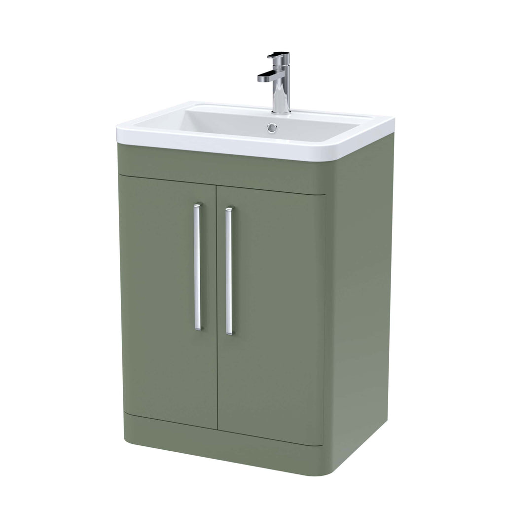Modern bathroom vanity unit with a white ceramic sink and a sleek chrome tap, featuring a green fitted cabinet with double doors and silver handles, perfect for contemporary bathroom design.