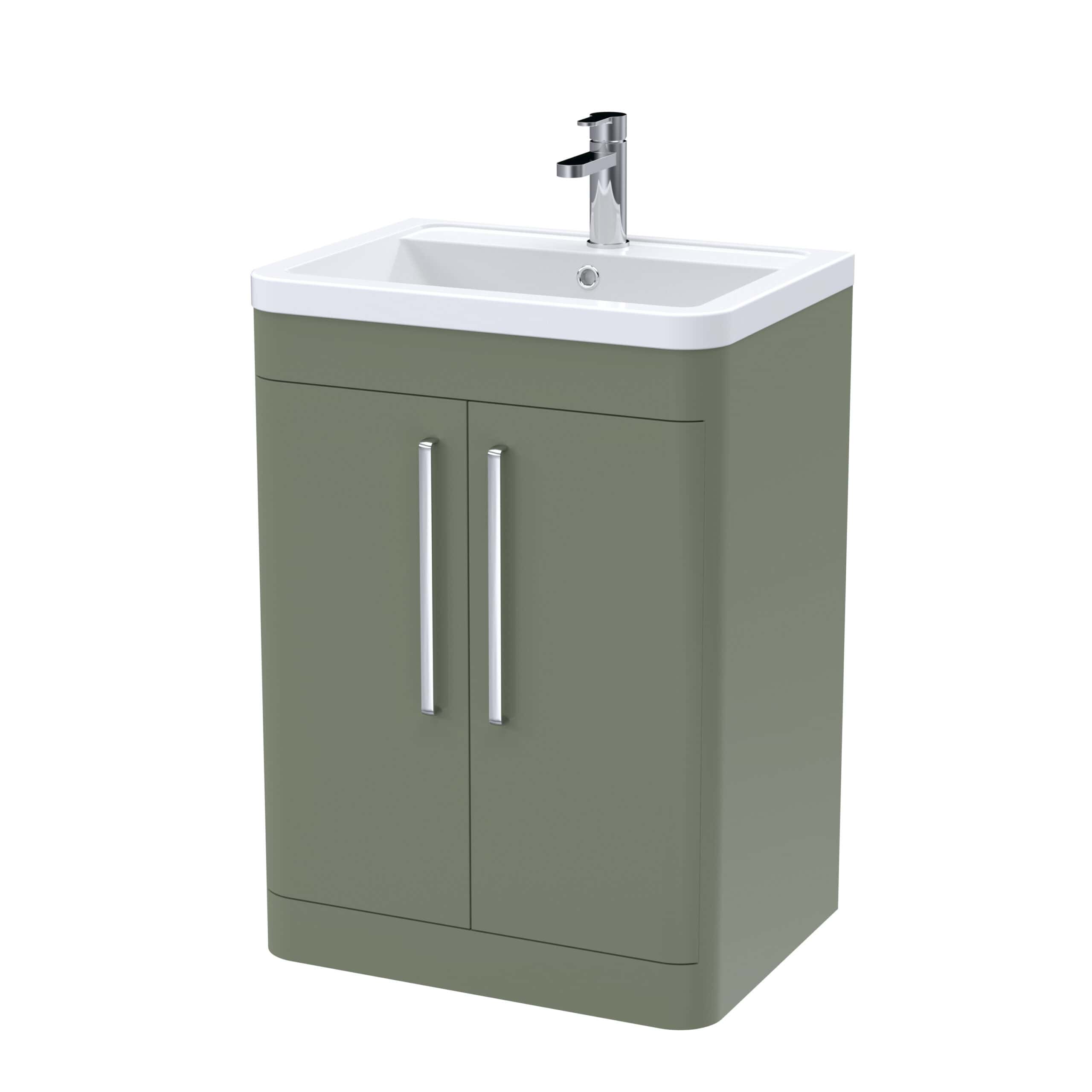 Modern bathroom vanity unit with a white ceramic sink and a sleek chrome tap, featuring a green fitted cabinet with double doors and silver handles, perfect for contemporary bathroom design.