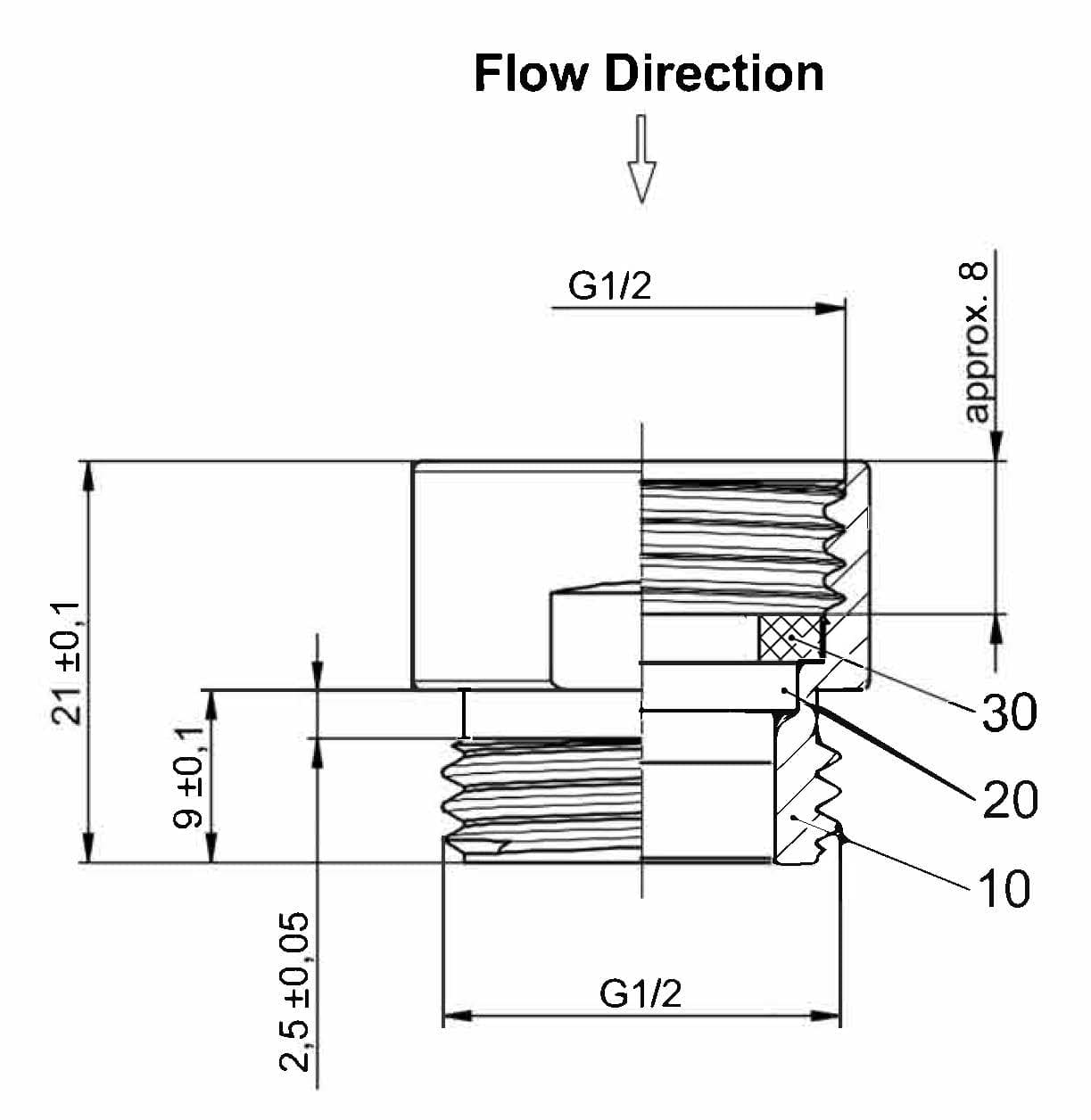 Flexible shower pipe fitting diagram for Bubly Bathrooms, showcasing threaded connections, precise measurements, and flow direction for efficient bathroom plumbing installations.