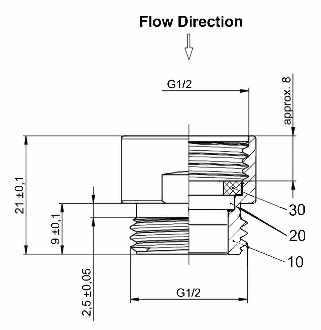 Flexible shower pipe fitting diagram for Bubly Bathrooms, showcasing threaded connections, precise measurements, and flow direction for efficient bathroom plumbing installations.