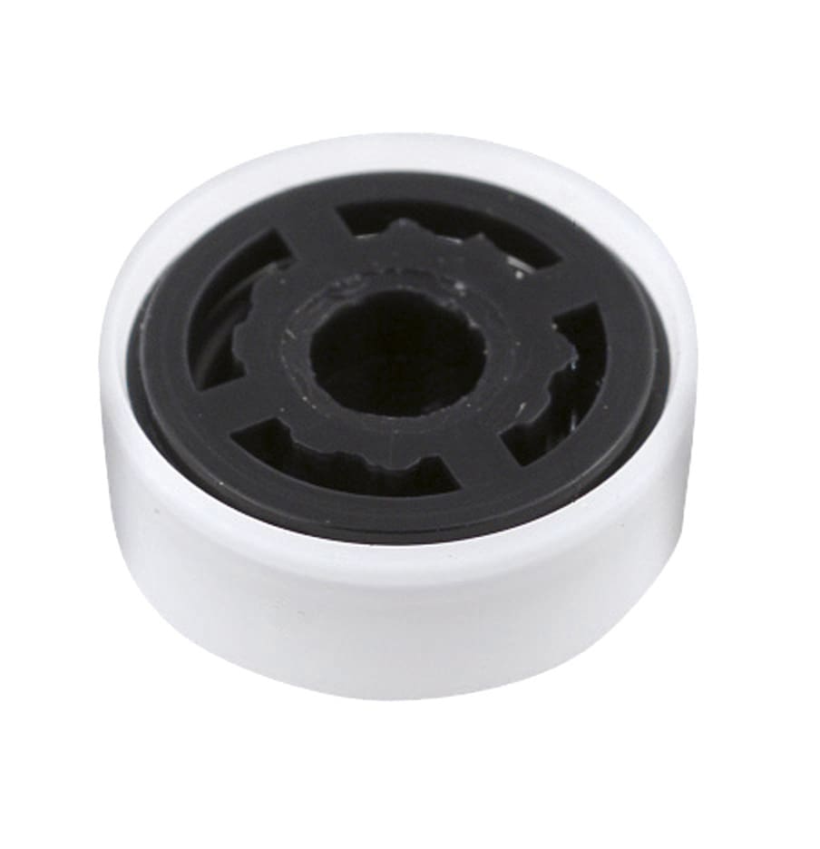 Rubber door stopper for bathroom doors, white and black bathroom accessory.