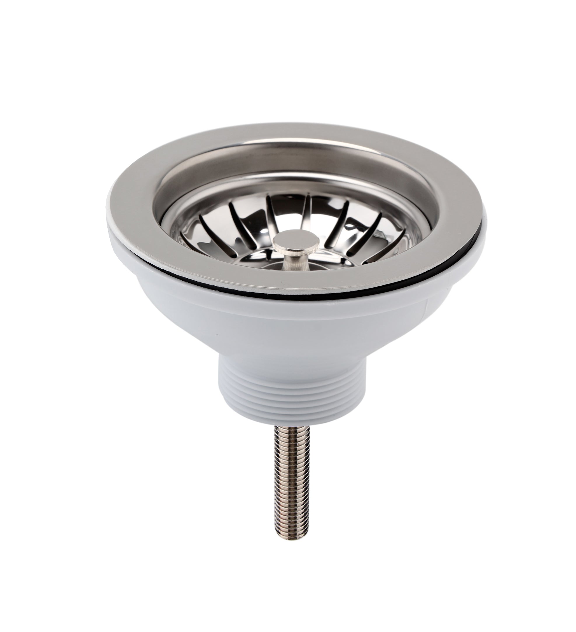 Overflow drain assembly for bathroom fixtures, made of stainless steel and durable plastic, suitable for bathroom sinks and wet areas.