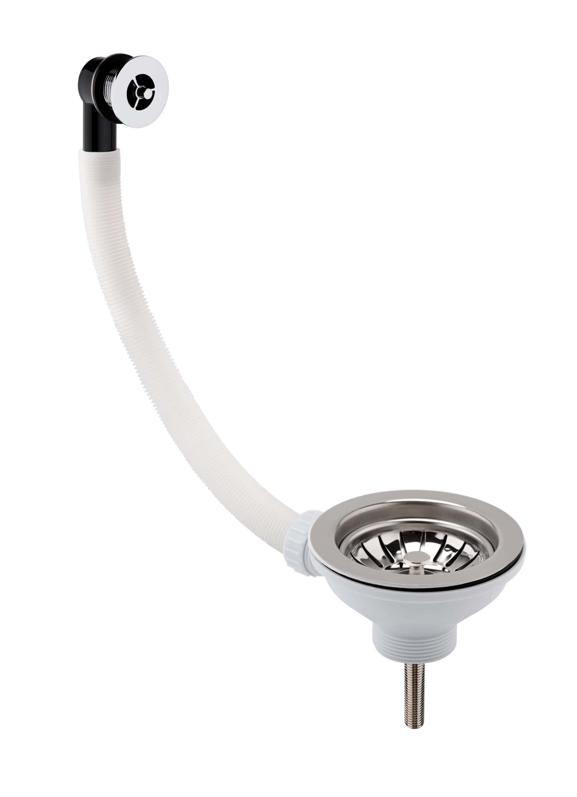 Flexible bathroom sink drain with stainless steel strainer and white accordion pipe, ideal for plumbing and bathroom renovations.