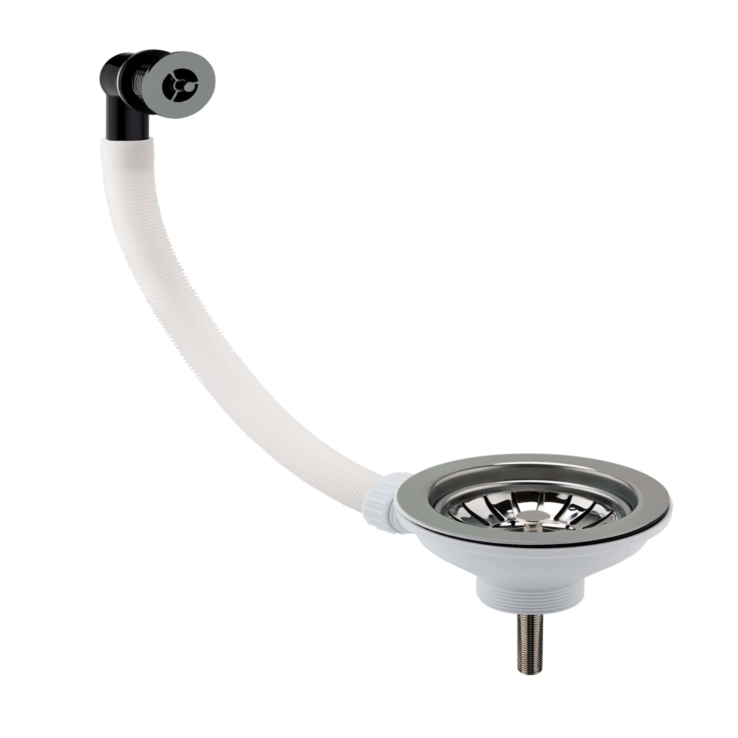 Flexible sink drain pipe with strainer for bathroom and kitchen plumbing solutions. Durable, easy to install, and compatible with Bubly bathrooms fixtures. Perfect for modern bathroom designs.