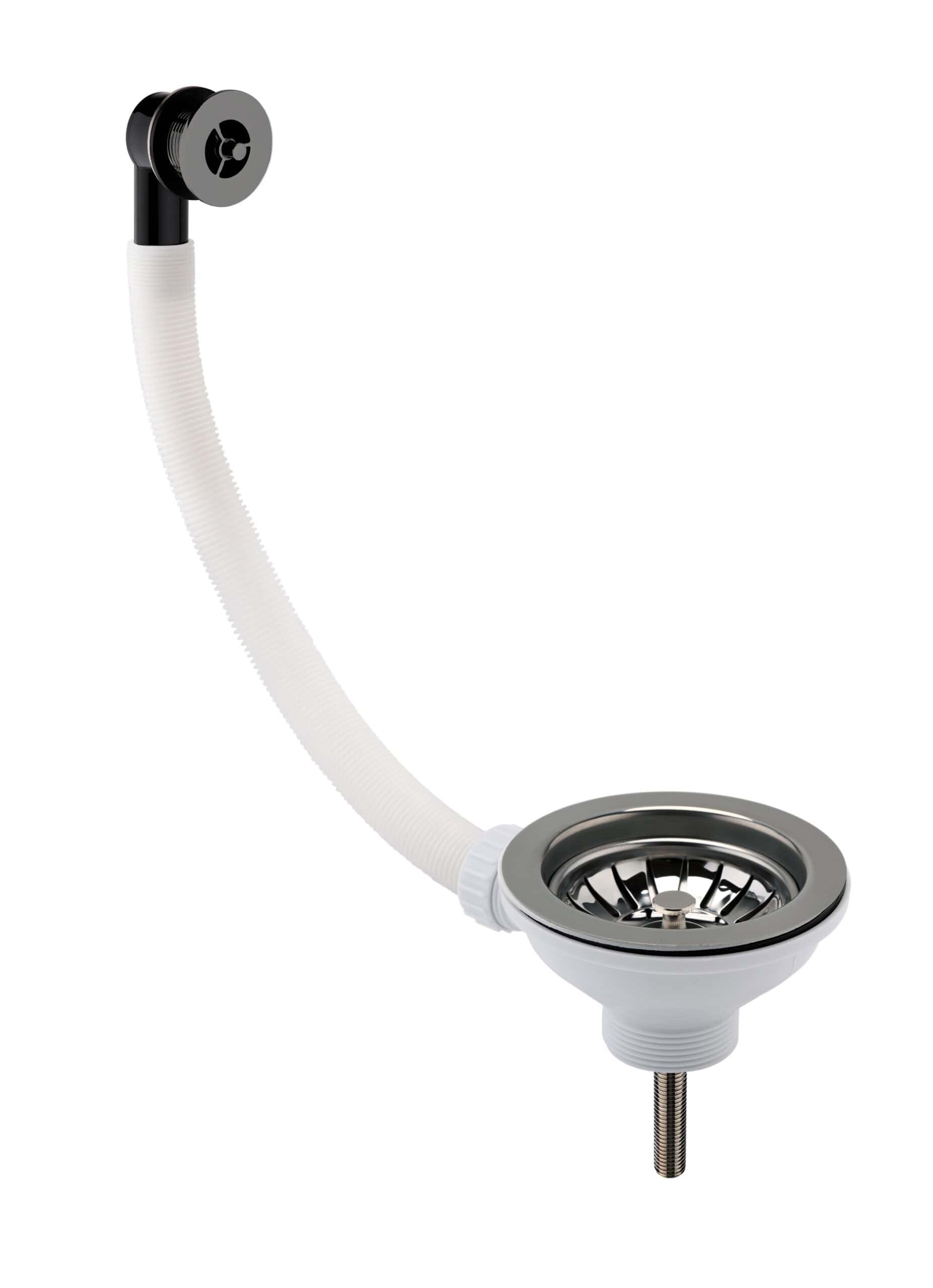 Flexible kitchen sink waste pipe with stainless steel strainer and connecting hose for bathroom and kitchen plumbing.