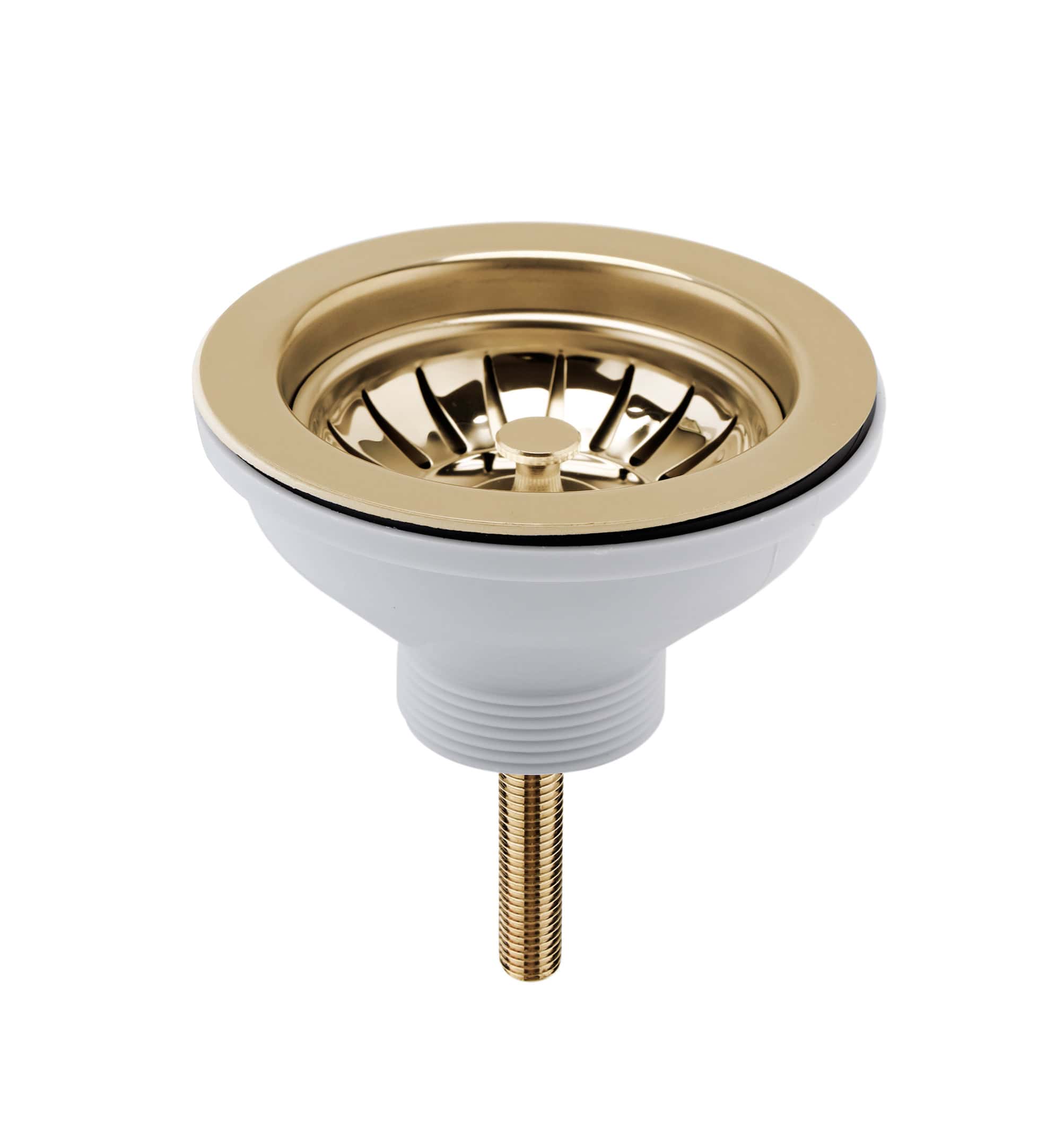 Shower drain with polished gold finish, white pipe, and stainless steel grate designed for bathroom drainage solutions.