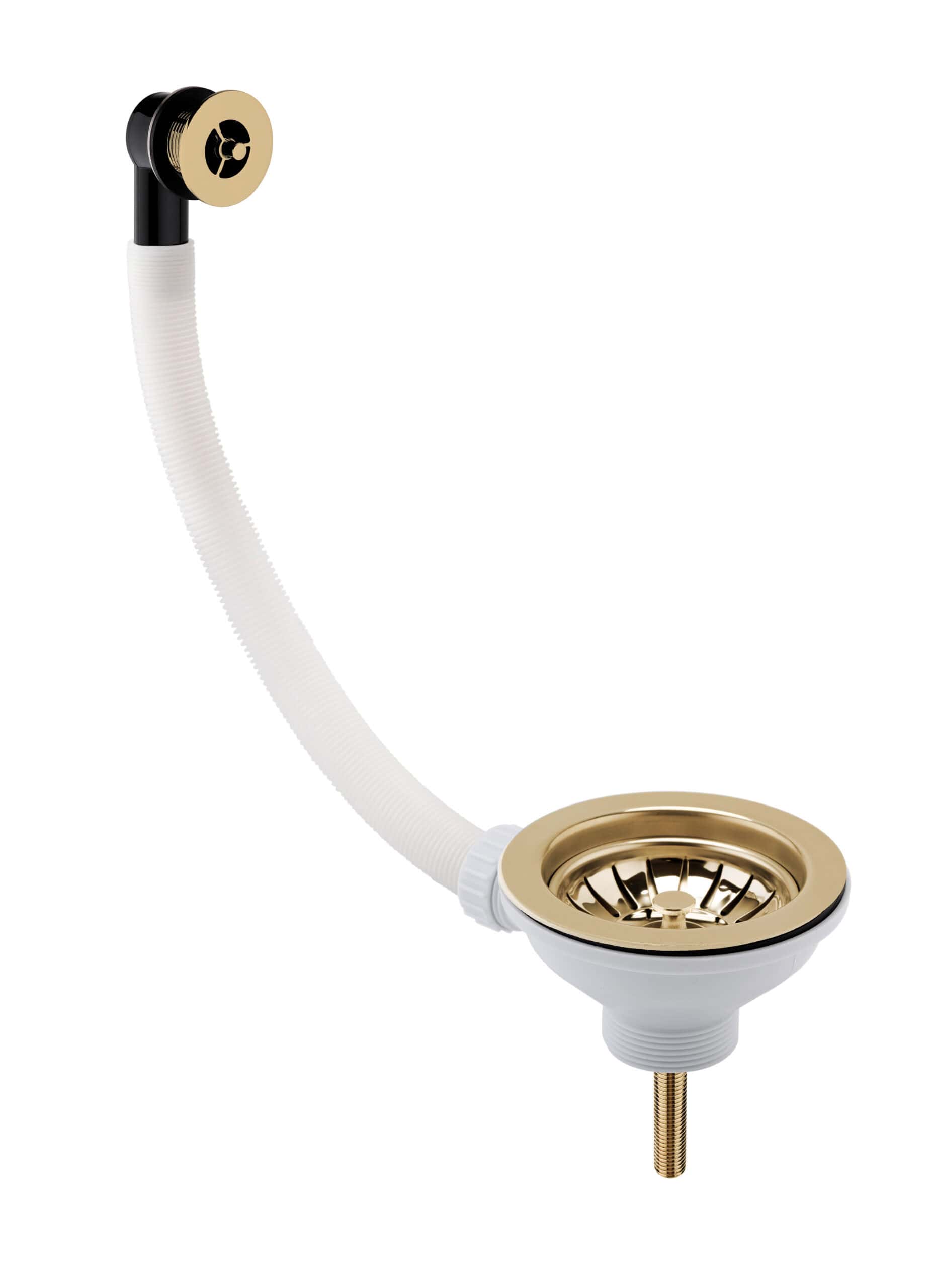 Flexible chrome bathroom sink drain with gold accents and integrated overflow, suitable for modern bathroom fixtures.