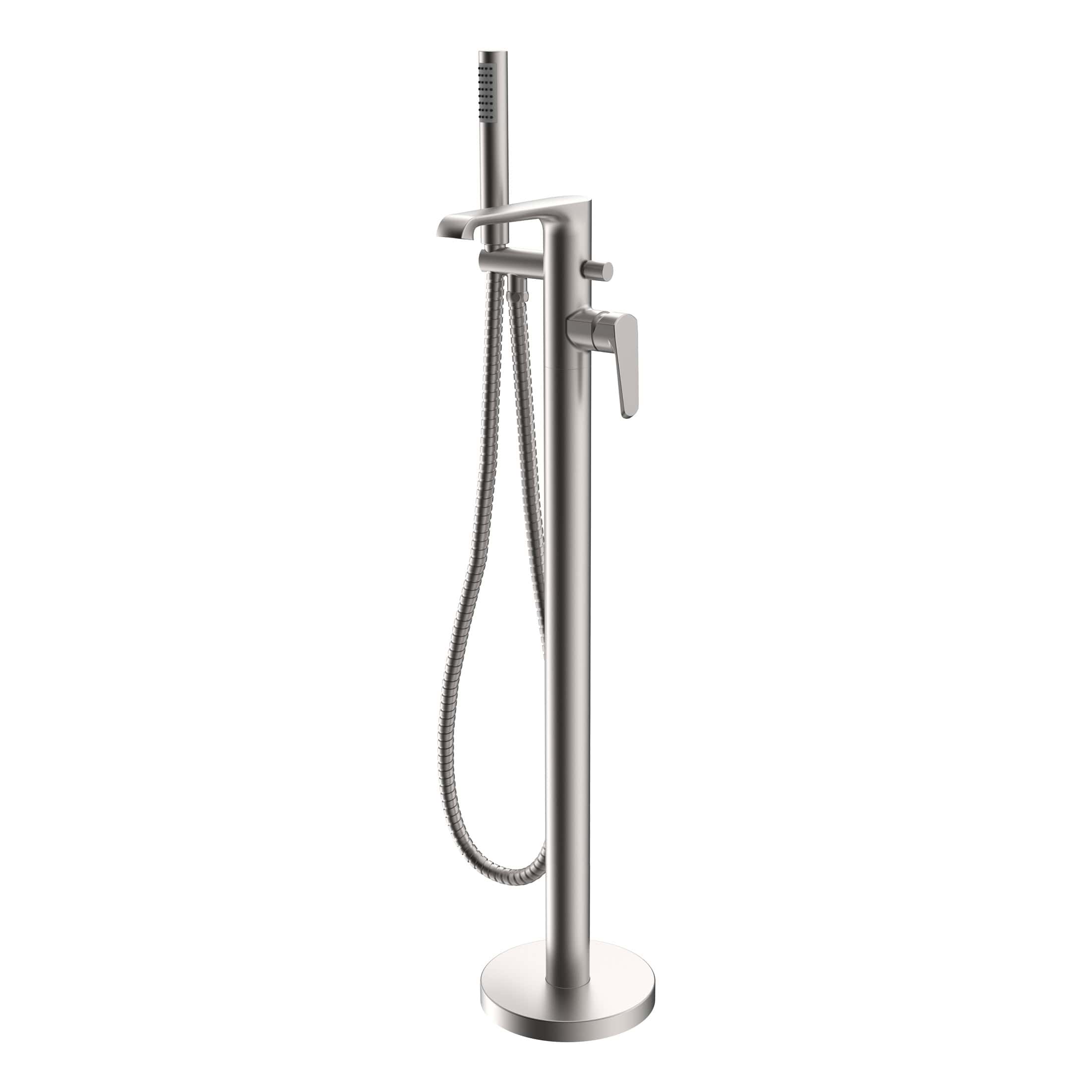 Sleek stainless steel freestanding bathtub filler with handheld shower, perfect for luxurious modern bathrooms. Durable, stylish, and functional.