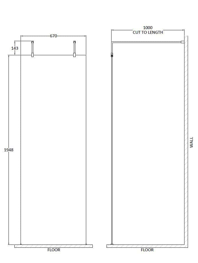 Adjustable shower screen with precise dimensions for modern bathroom renovation by Bubly Bathrooms. Customisable length and sleek design enhance space elegance and functionality.