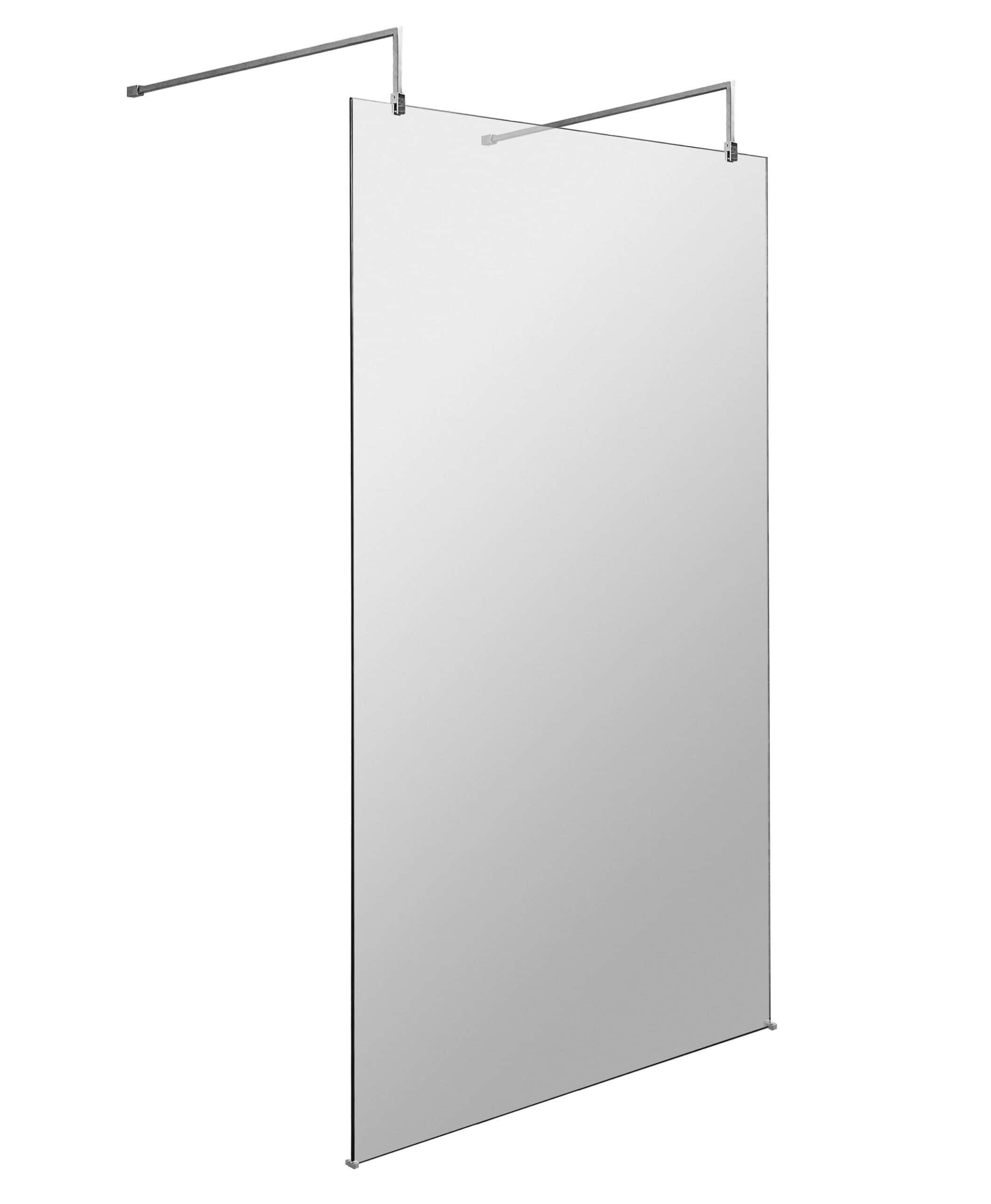 Clear glass shower screen with chrome hinges and support bars, ideal for modern bathroom aesthetics. Perfect for shower enclosures and bathroom renovations.