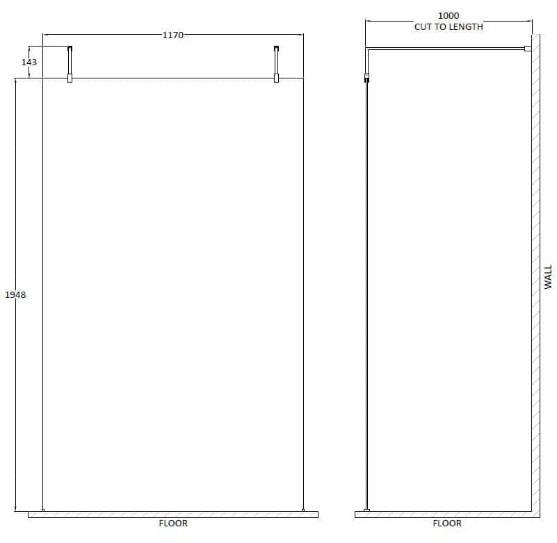 Large shower screen design for modern bathrooms with precise measurements, perfect for building or renovation projects. Customisable for optimal space usage and style.
