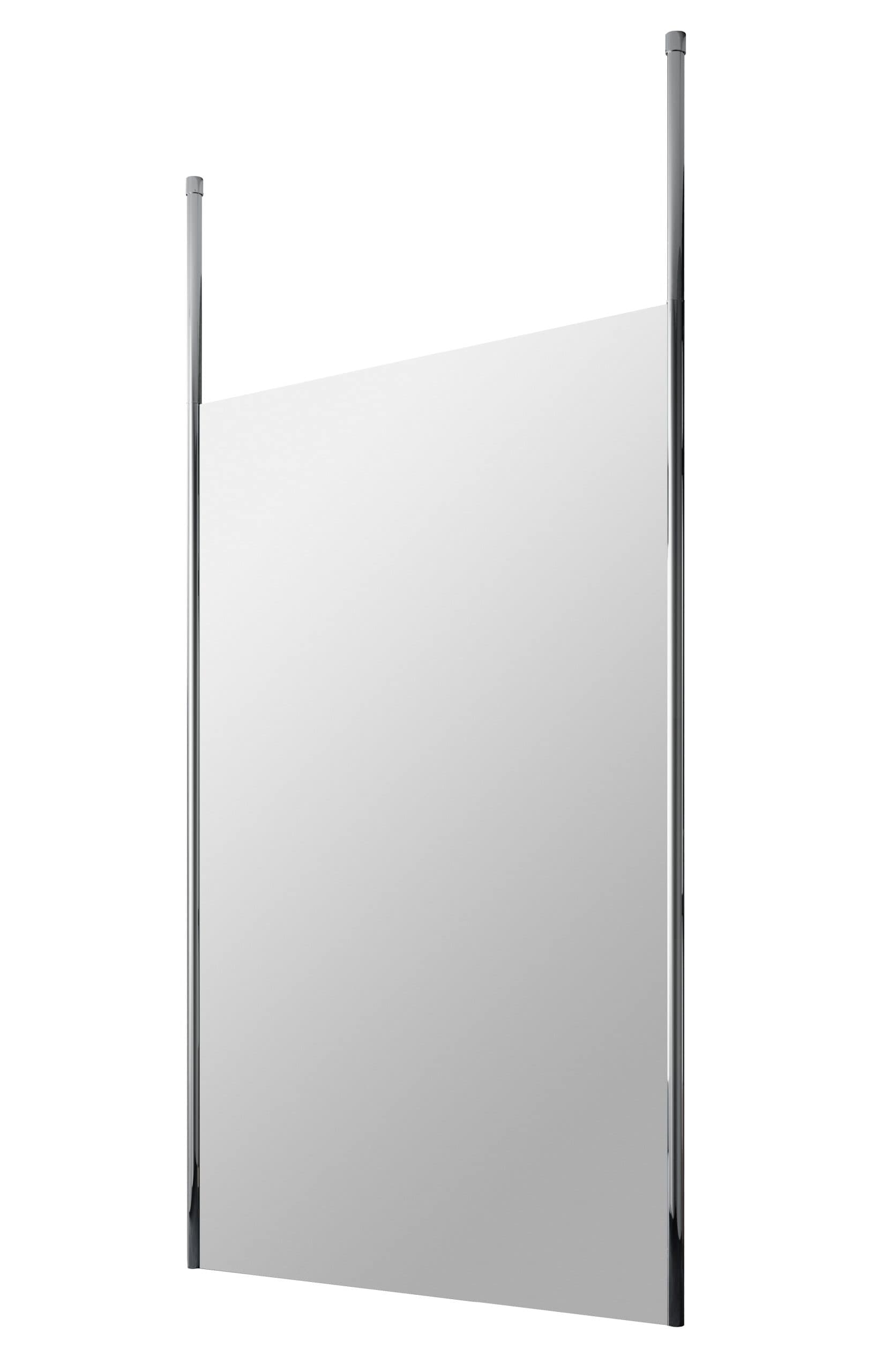 Sneeze guard for bathroom or commercial settings with clear glass and sleek metal supports, ensuring hygiene and safety.