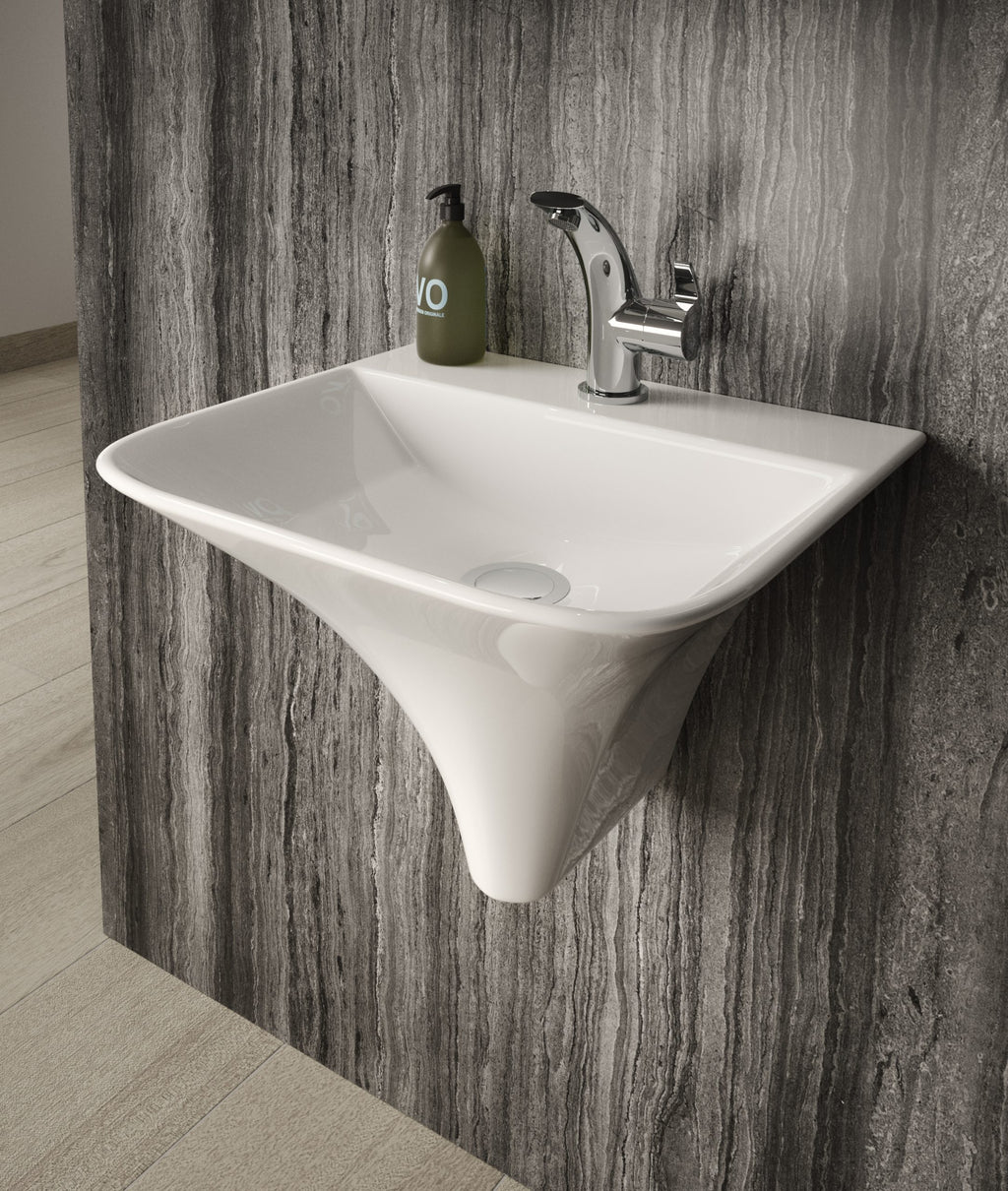 Modern wall-mounted white bathroom sink with sleek chrome faucet, set against a textured grey stone wall, perfect for contemporary washroom designs.