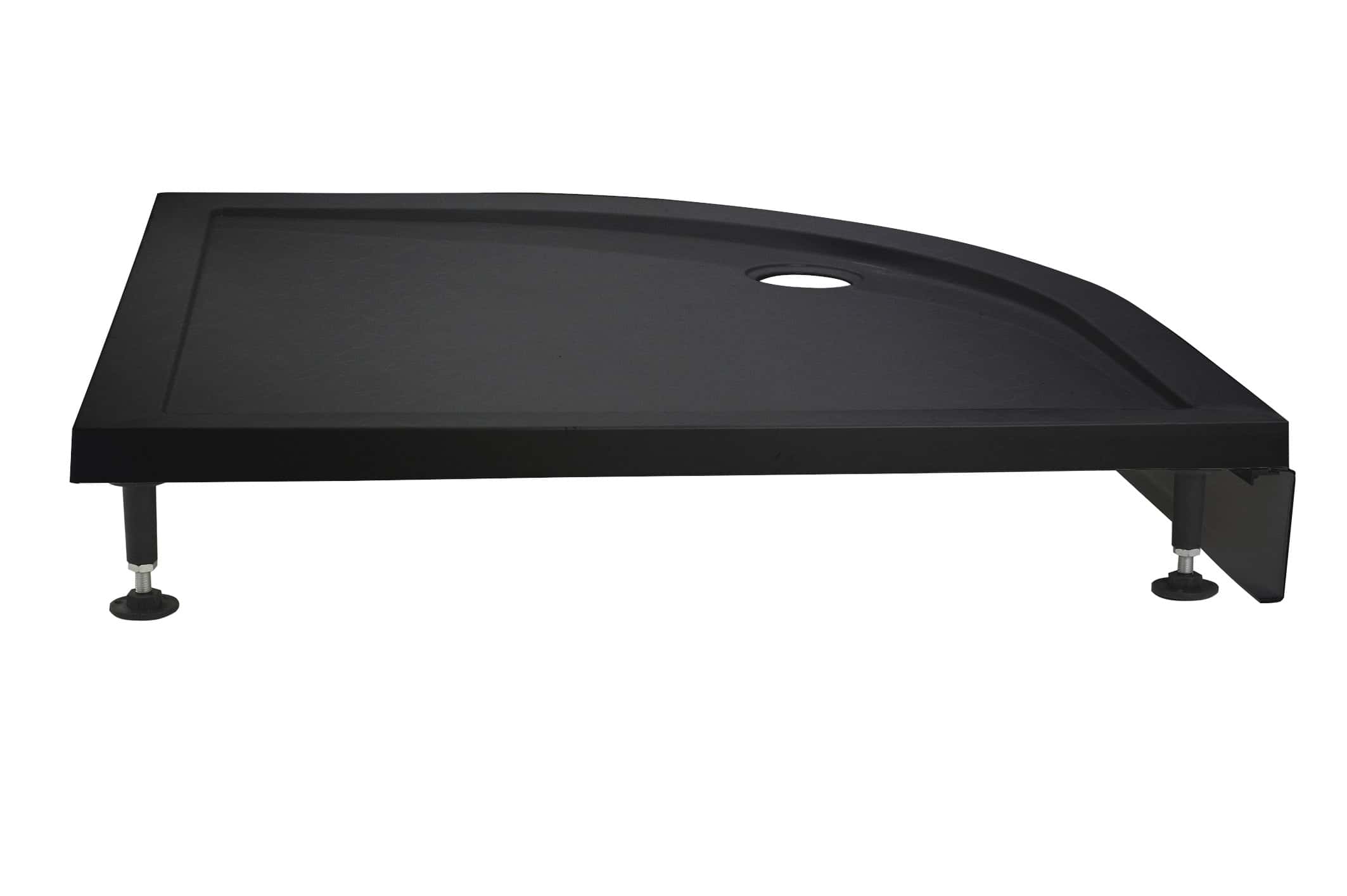 Black shower tray with adjustable feet, modern bathroom flooring solution, durable and easy to install for sleek bathroom designs.