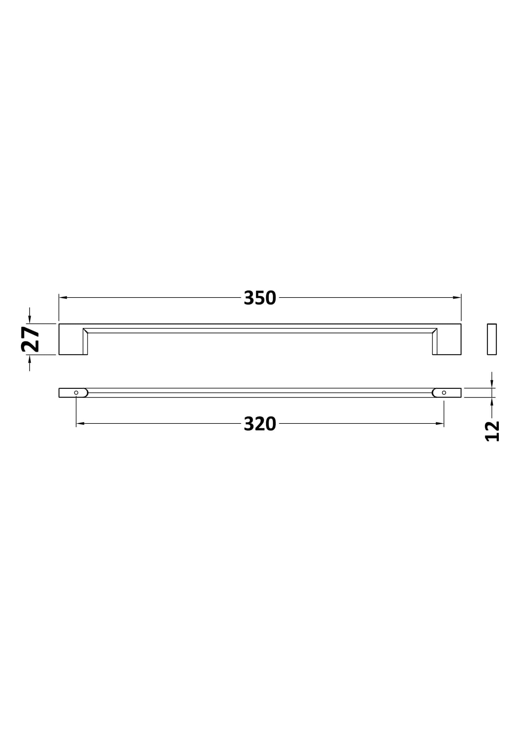 Sleek aluminium towel rail with 350mm width, 27mm height, and 12mm diameter tube, designed for modern bathrooms, providing stylish and functional towel organisation in Bubly Bathrooms.