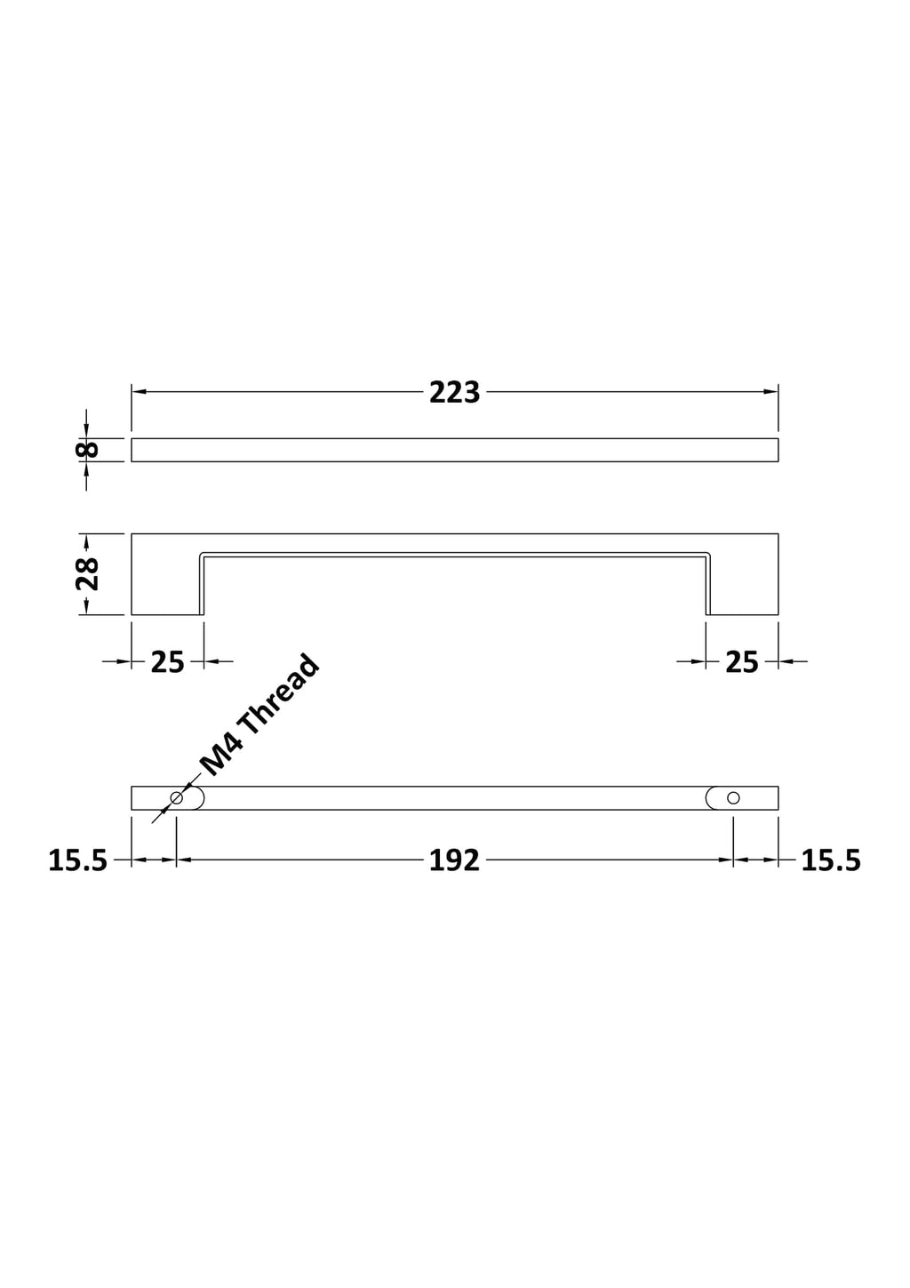 Aluminium bathroom handle with precise measurements, 223mm length, 28mm height, M4 thread, ideal for modern bathroom fixtures.