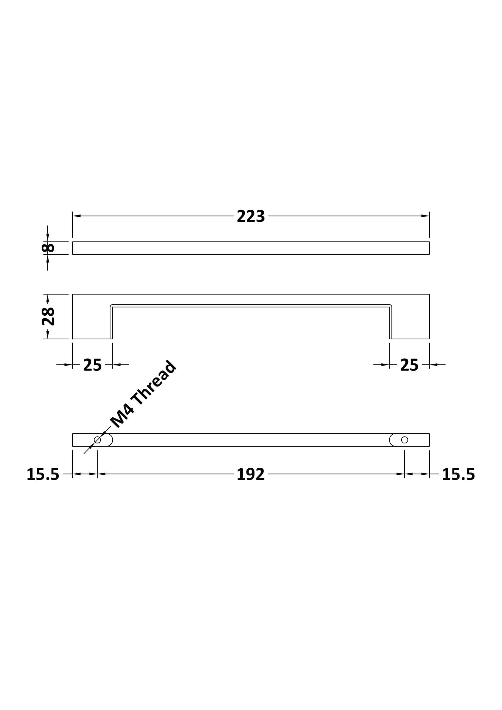Aluminium bathroom handle with precise measurements, 223mm length, 28mm height, M4 thread, ideal for modern bathroom fixtures.
