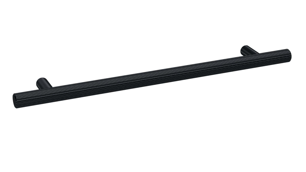 Black textured towel rail for Bubly bathrooms, modern bathroom accessories, durable black heated towel rack, sleek bathroom design, bathroom heating solutions.