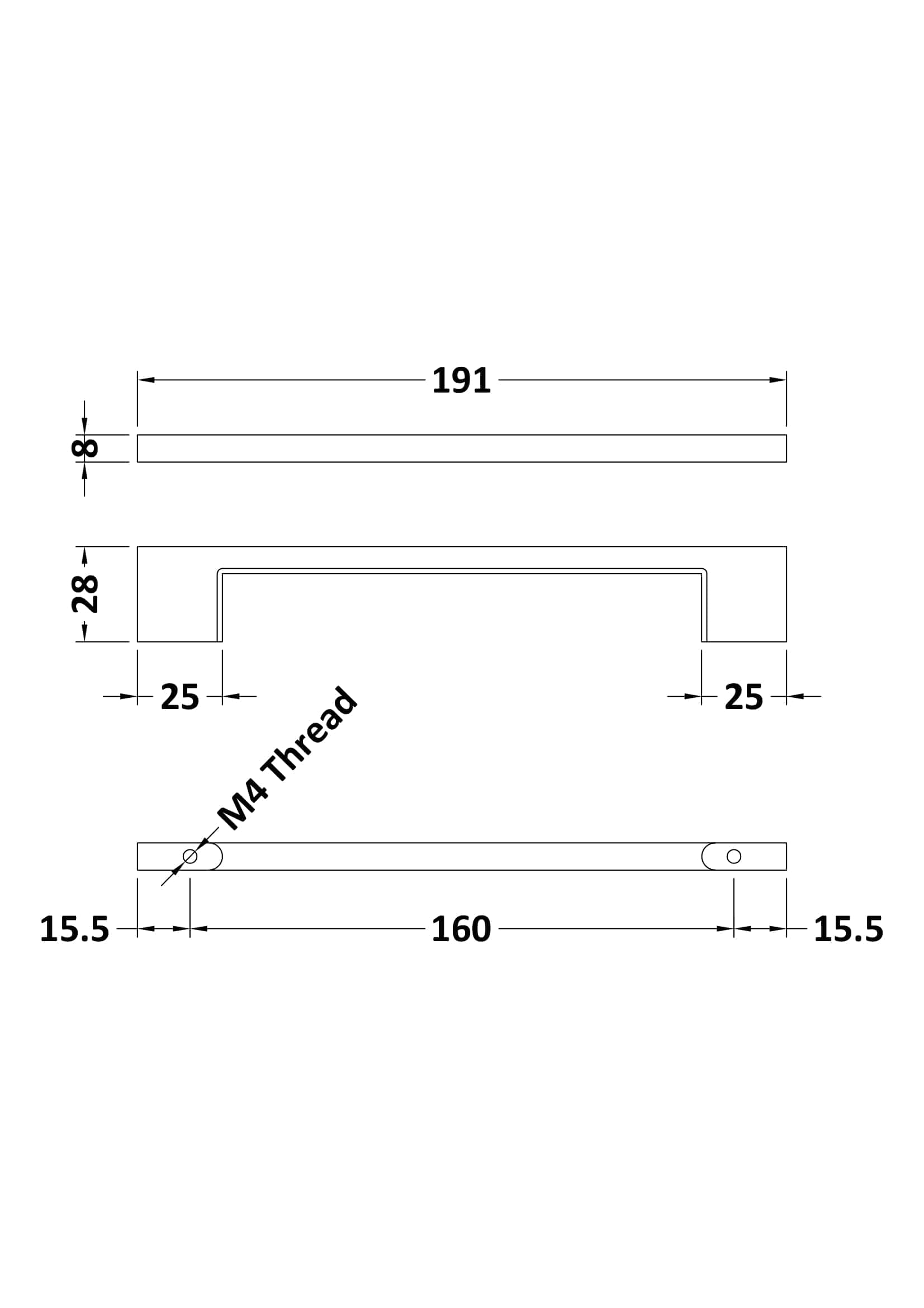 Moulded bathroom grab bar with stainless steel finish, 191mm length, 28mm diameter, M4 threaded mounting, ideal for secure bathroom support and safety.