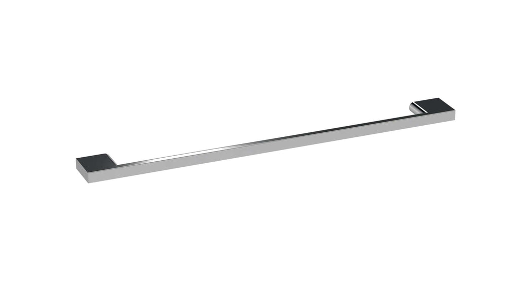 Sleek chrome bathroom towel bar with black end caps, modern design for facilitating comfortable towel storage in stylish bathrooms.