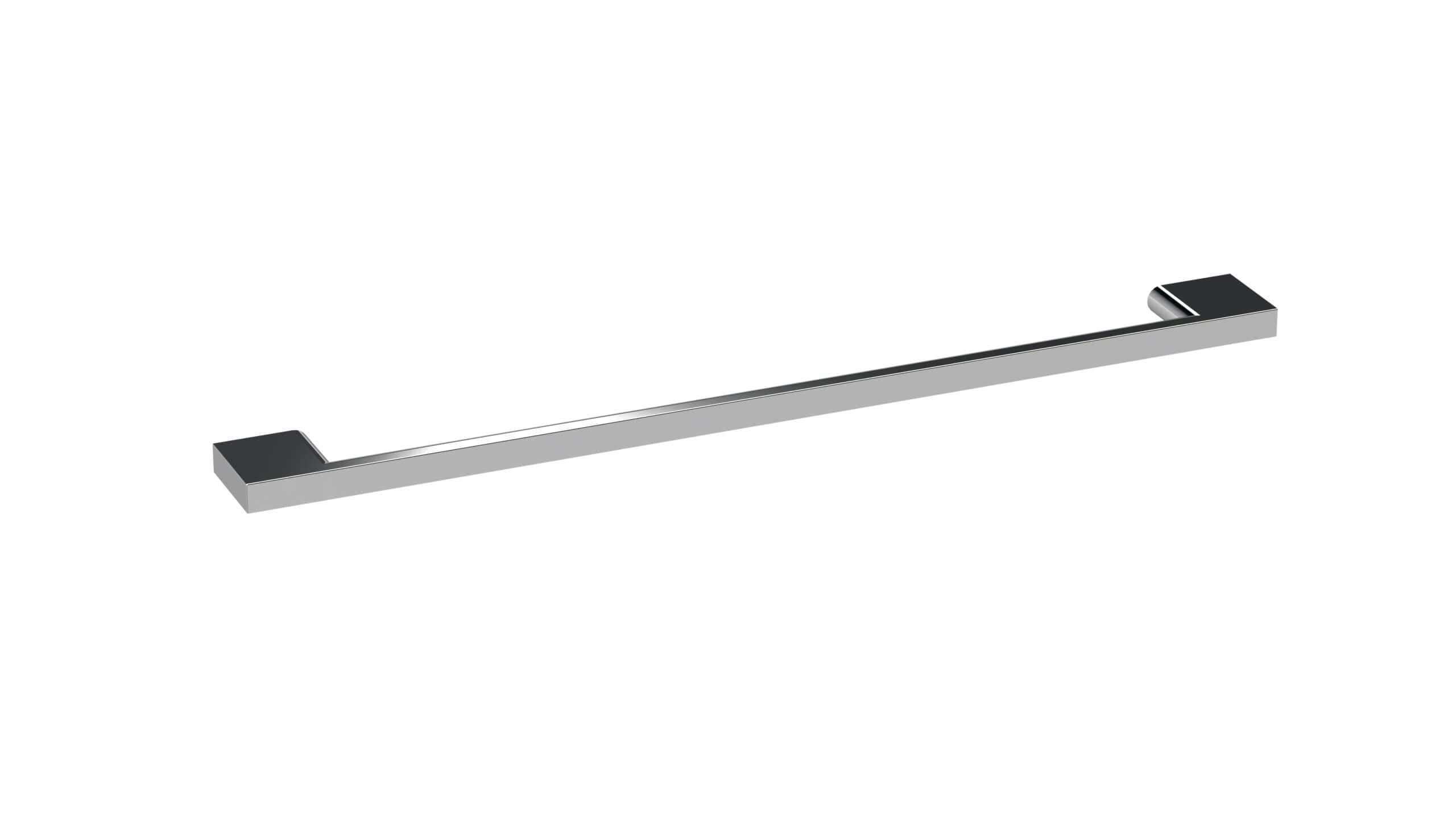 Sleek chrome bathroom towel bar with black end caps, modern design for facilitating comfortable towel storage in stylish bathrooms.