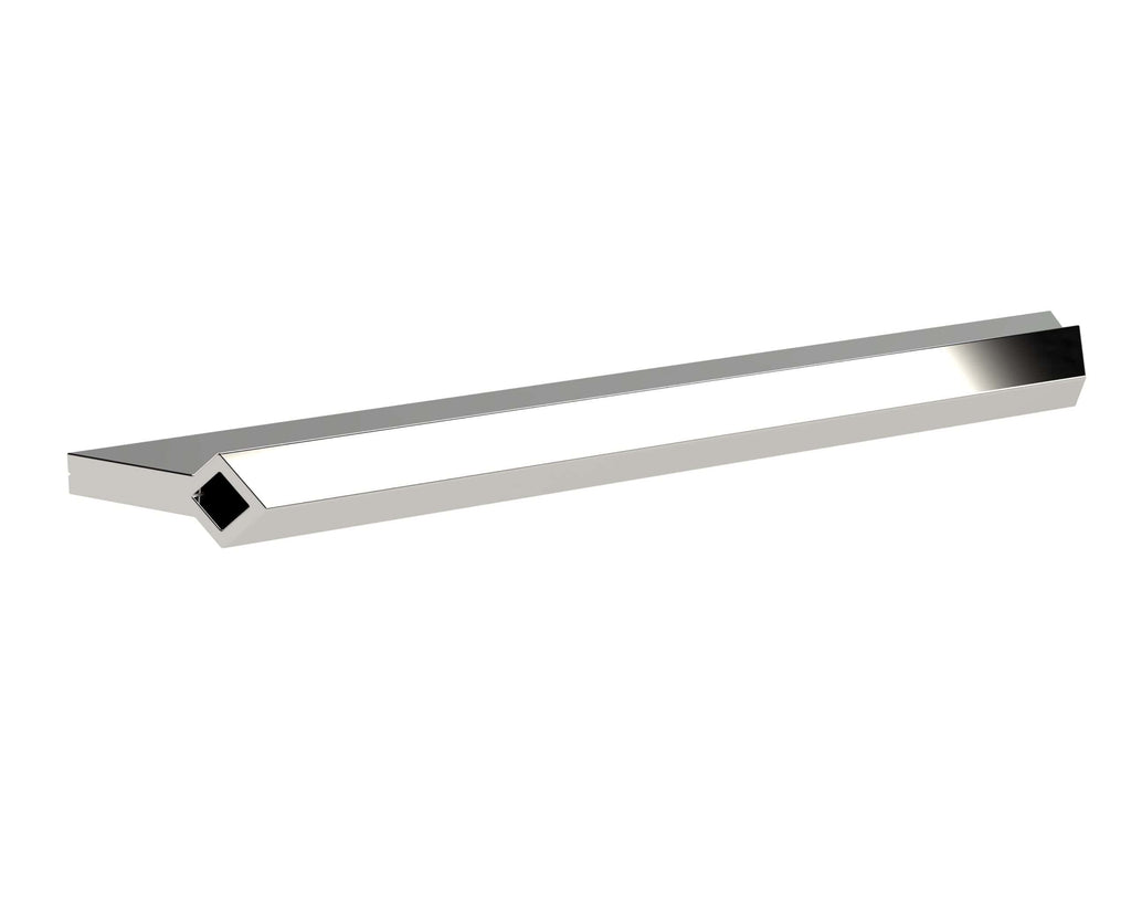 Polished chrome towel rail with modern geometric design, ideal for contemporary bathrooms. Durable metal construction suitable for space-saving bathroom decor.