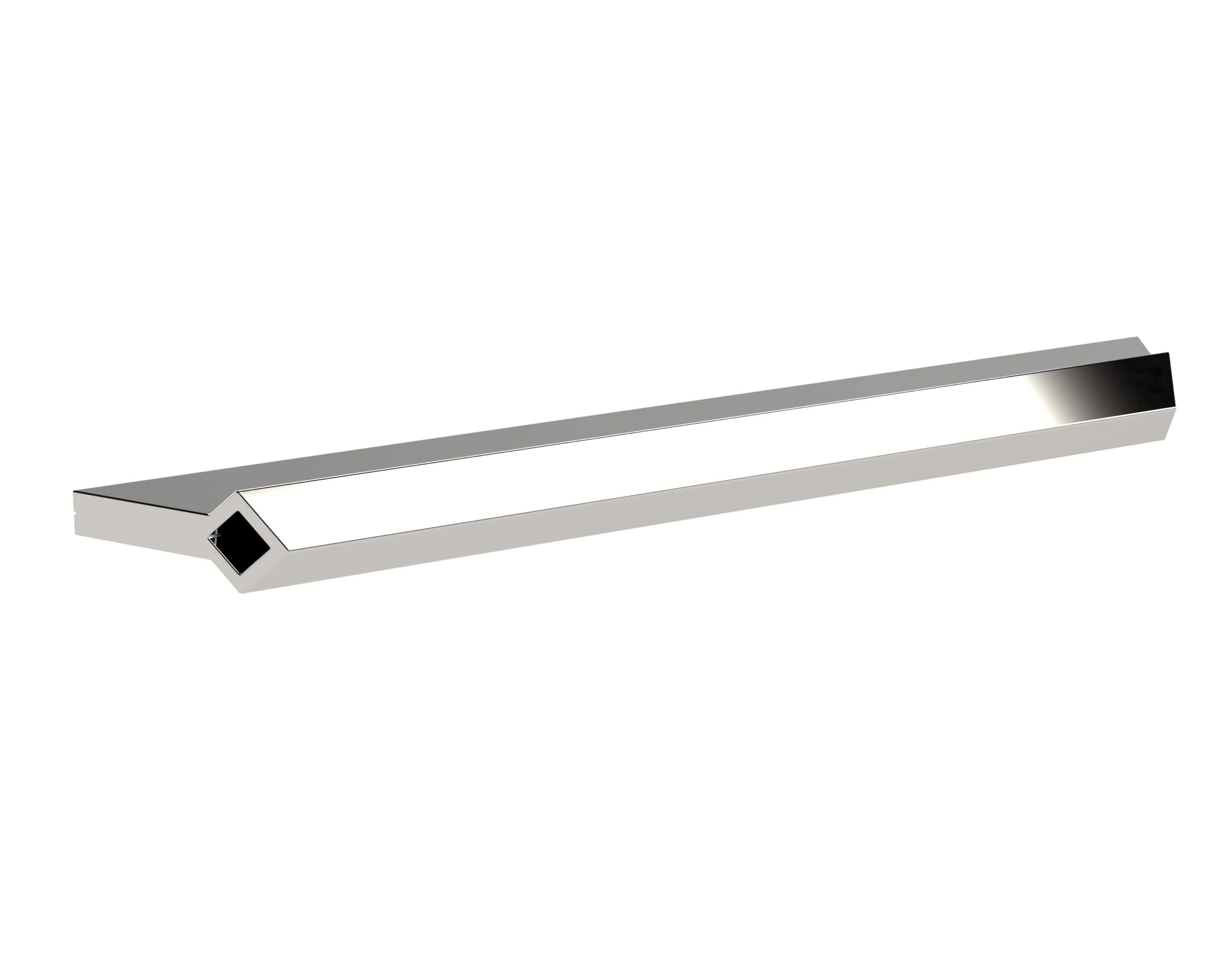 Polished chrome towel rail with modern geometric design, ideal for contemporary bathrooms. Durable metal construction suitable for space-saving bathroom decor.