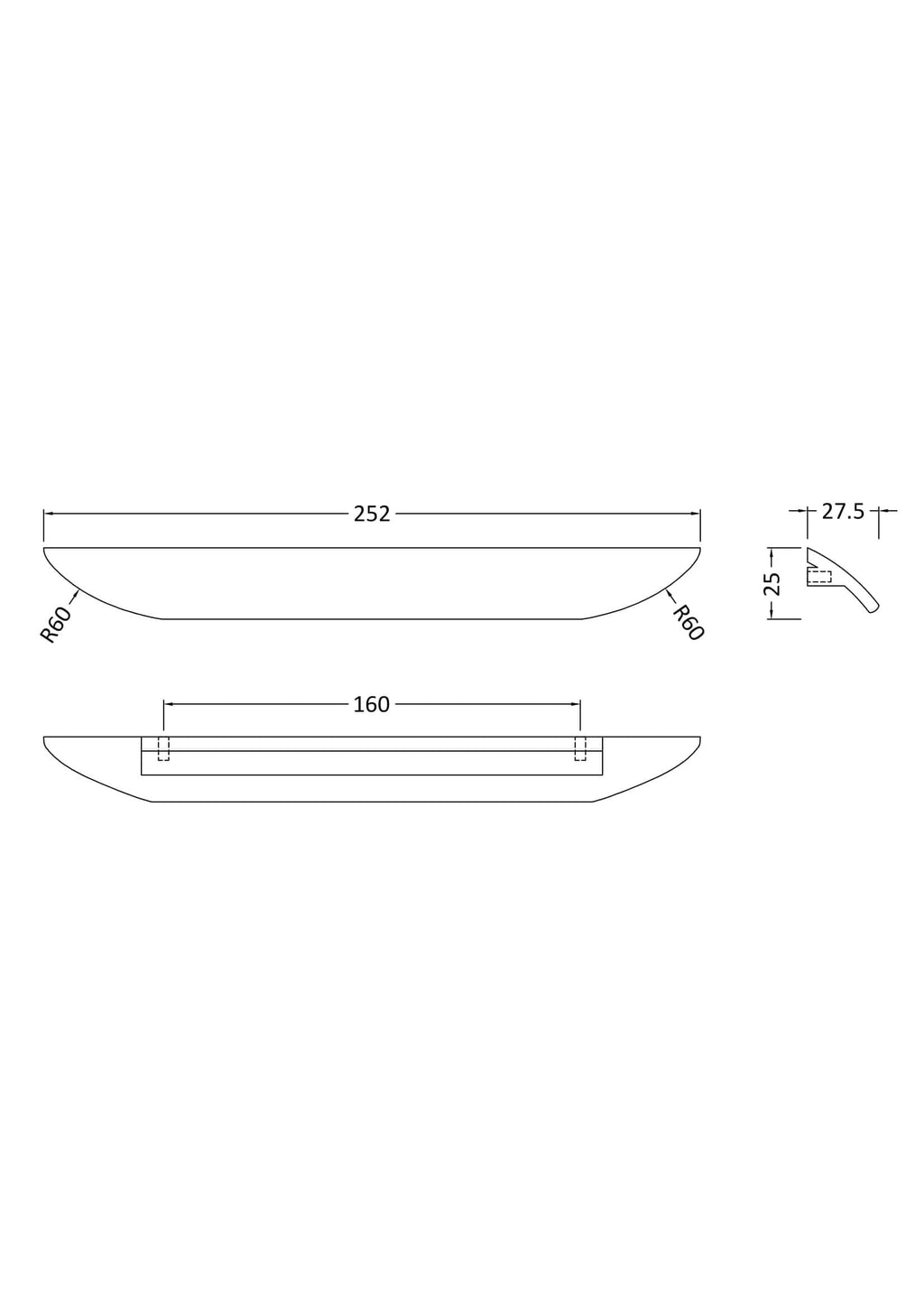Rimless bathroom sink with detailed dimensions and curved design for modern Bubly Bathrooms installations.