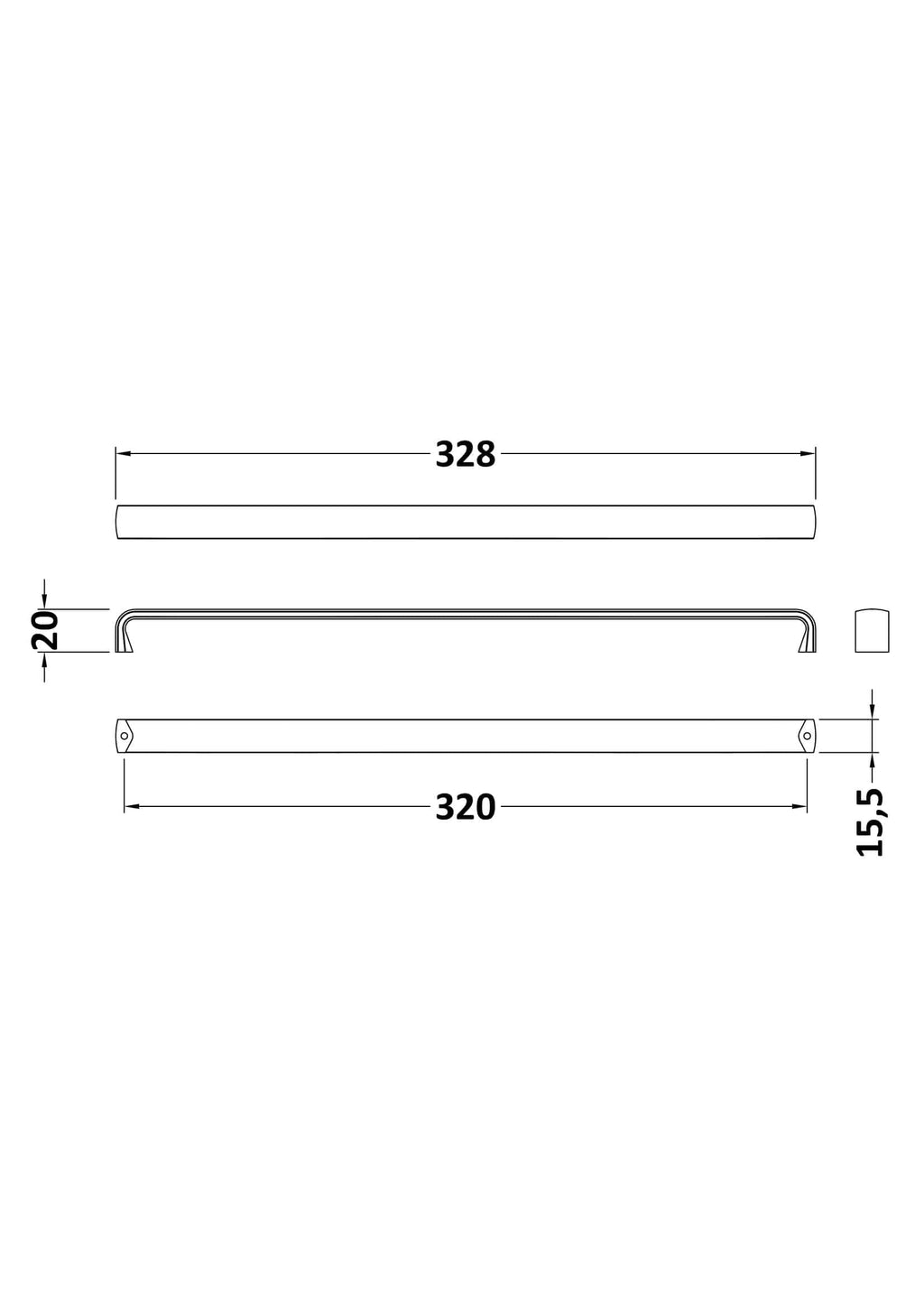 Elegant bathroom towel rail with chrome finish, measuring 328mm in length and 20mm in height, ideal for modern bathroom decor and efficient towel drying.