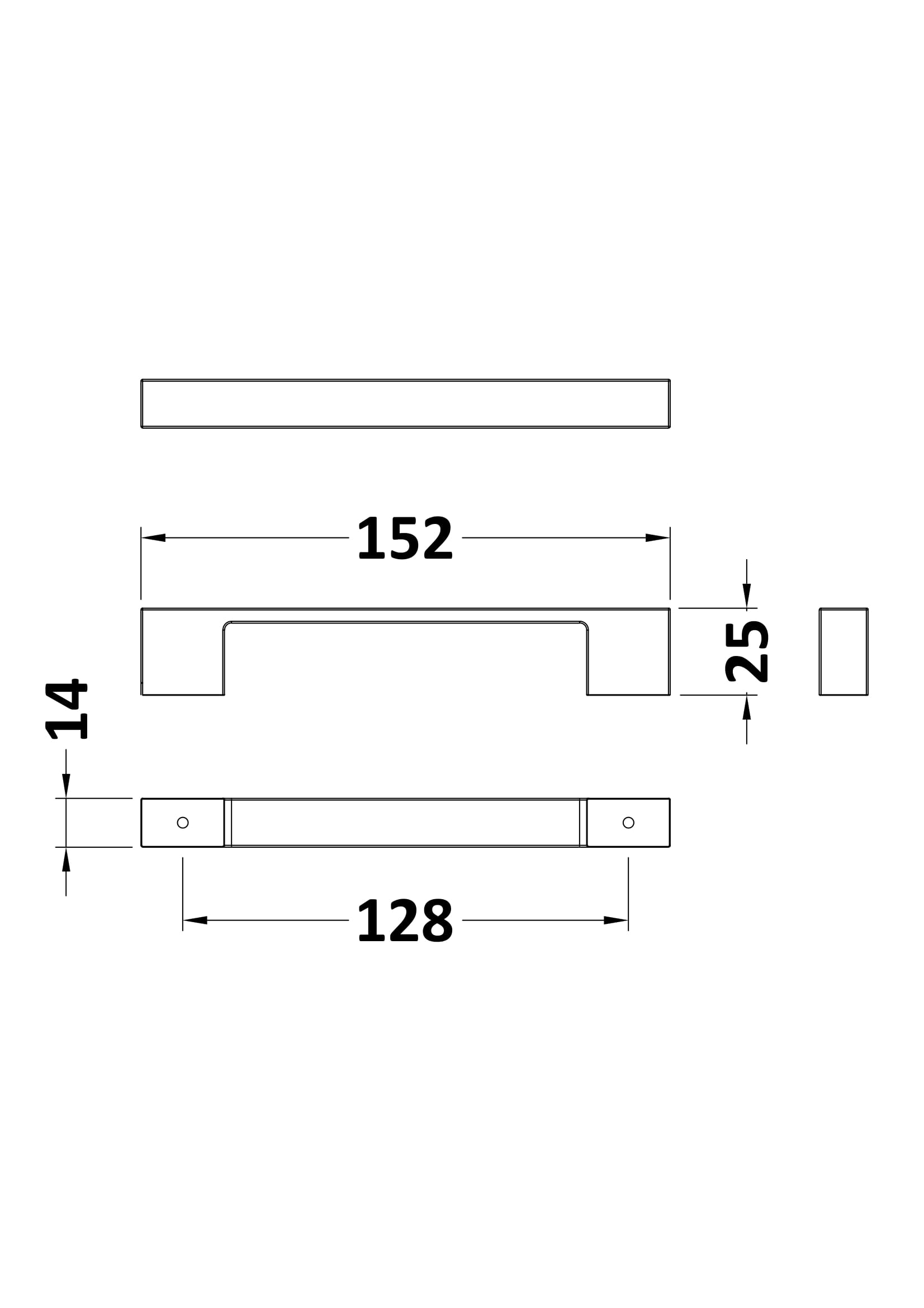 Aluminium bathroom towel rail with precise measurements for modern Bubly Bathrooms installations, included dimensions of 152mm width, 25mm height, and 128mm mounting length.