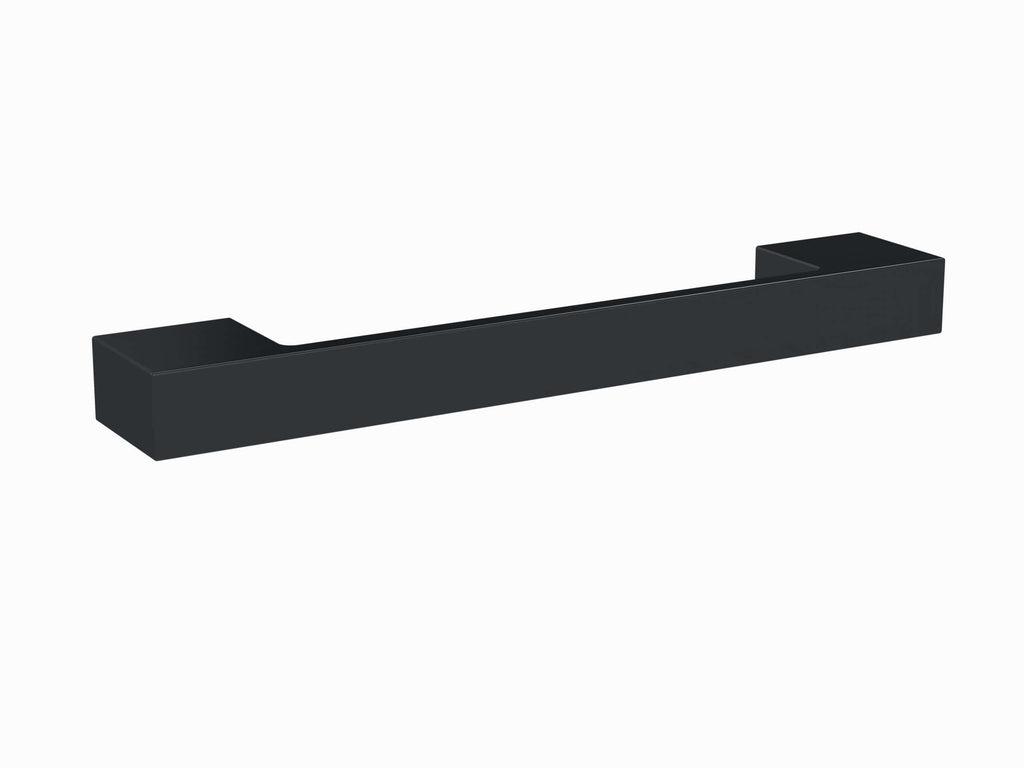 Black bathroom towel bar, modern minimalist design, durable metal finish, ideal for bathroom organisation and decor.