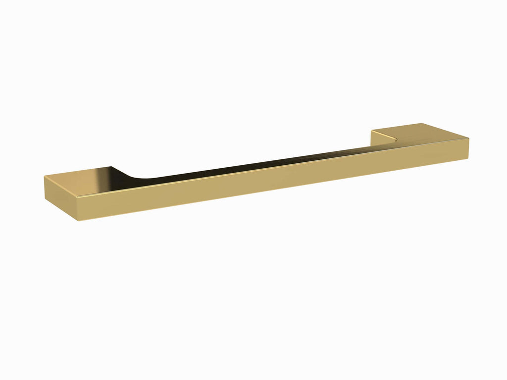 Polished gold bathroom grab bar for modern and elegant shower or tub safety, durable and stylish accessory, perfect for enhancing bathroom accessibility and safety.