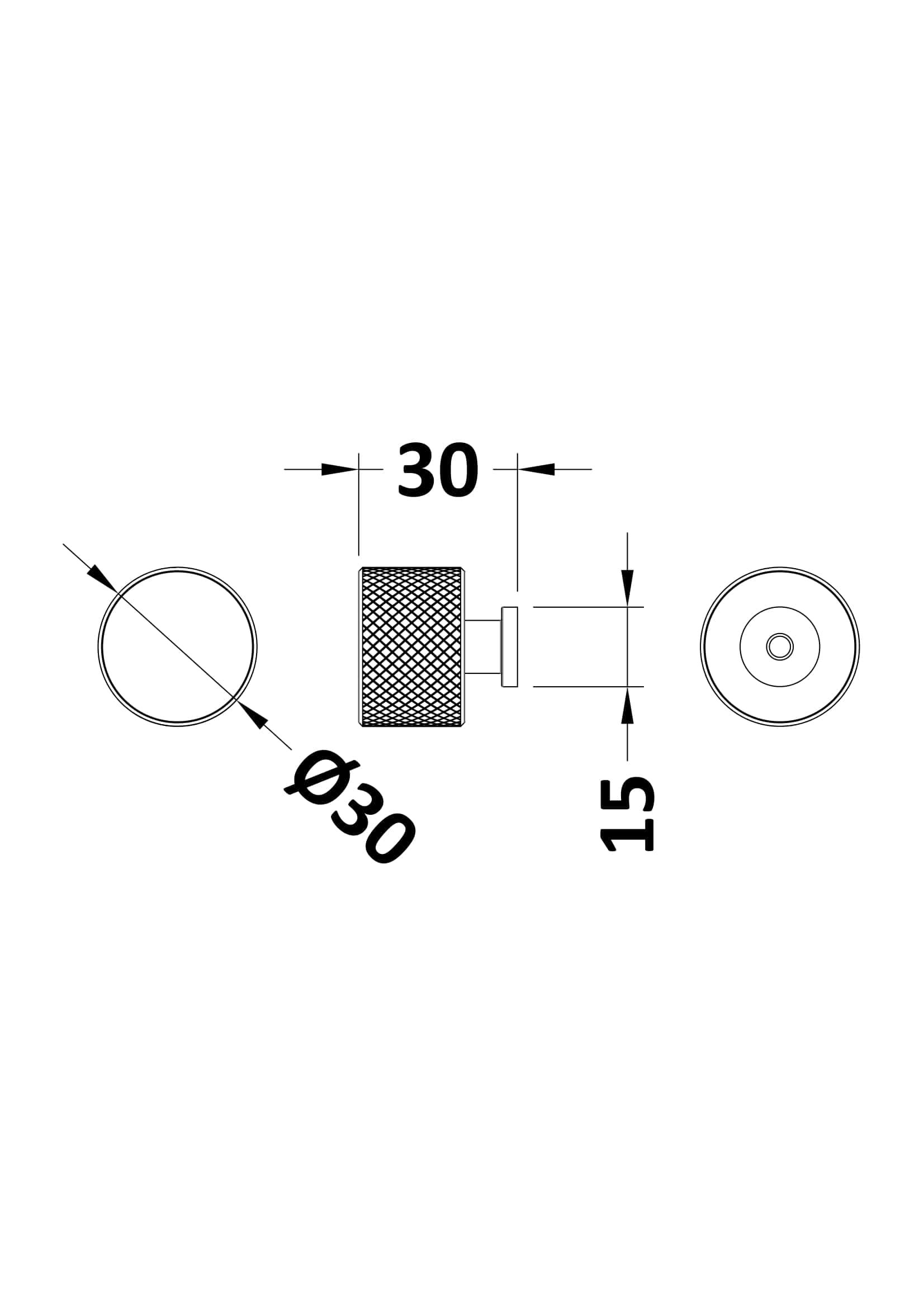 Draughtsman’s technical drawing of a Bubly Bathrooms shower showerhead with detailed dimensions, including 30mm thickness, 30mm diameter, and 15mm height, ideal for bathroom upgrade projects.