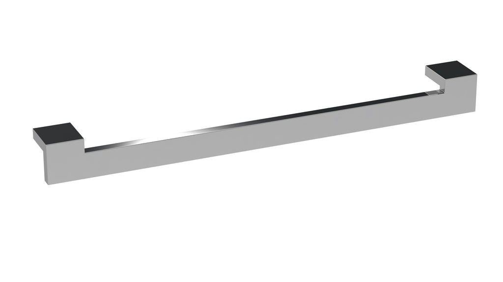Shiny chrome bathroom towel rail with black accents, modern design for luxury bathroom decor. Perfect for hanging towels and enhancing your bathroom aesthetic.
