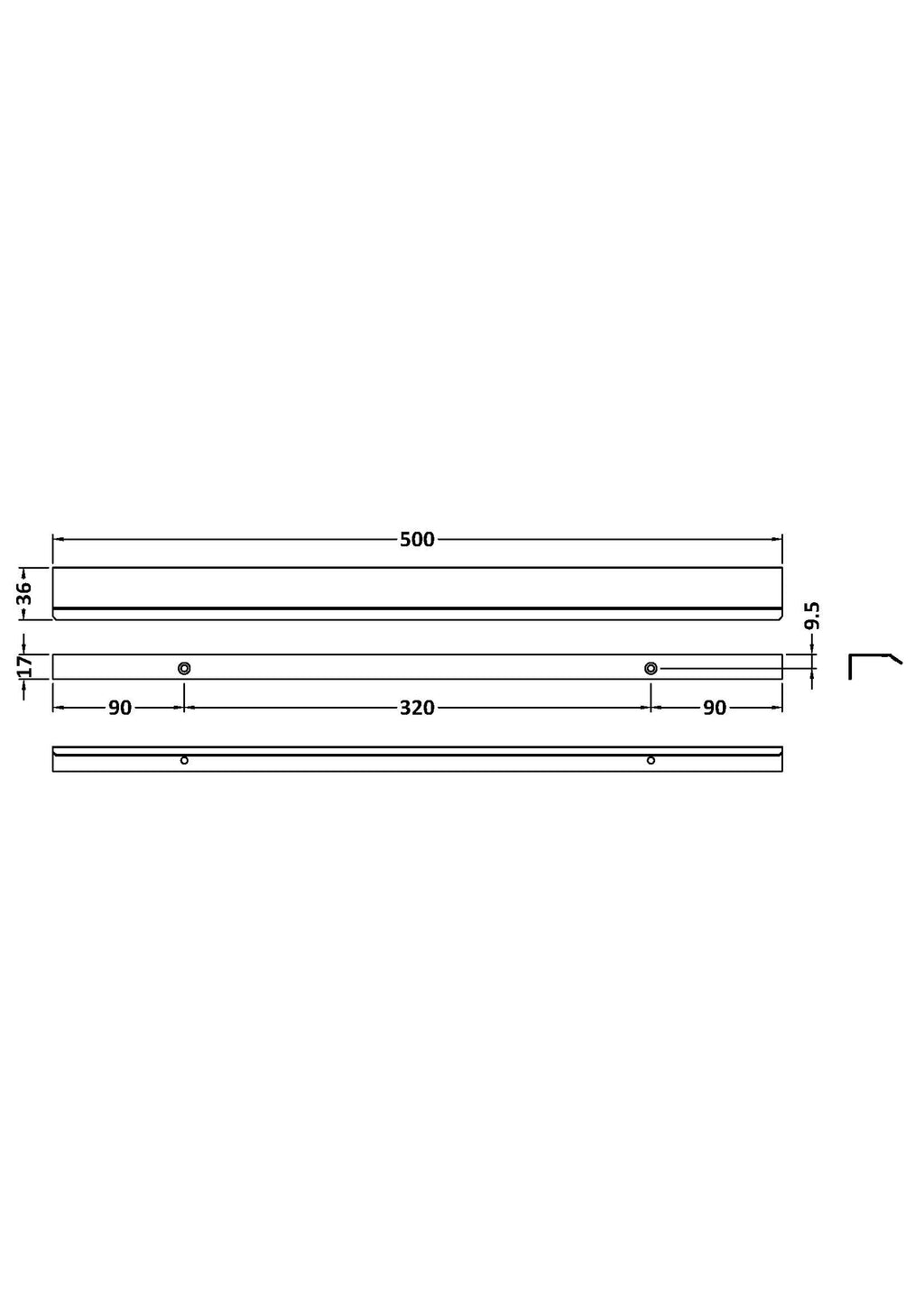 Aluminium shower curtain rail, 500mm length, adjustable with mounting holes, for modern bathroom installations in Bubly Bathrooms.