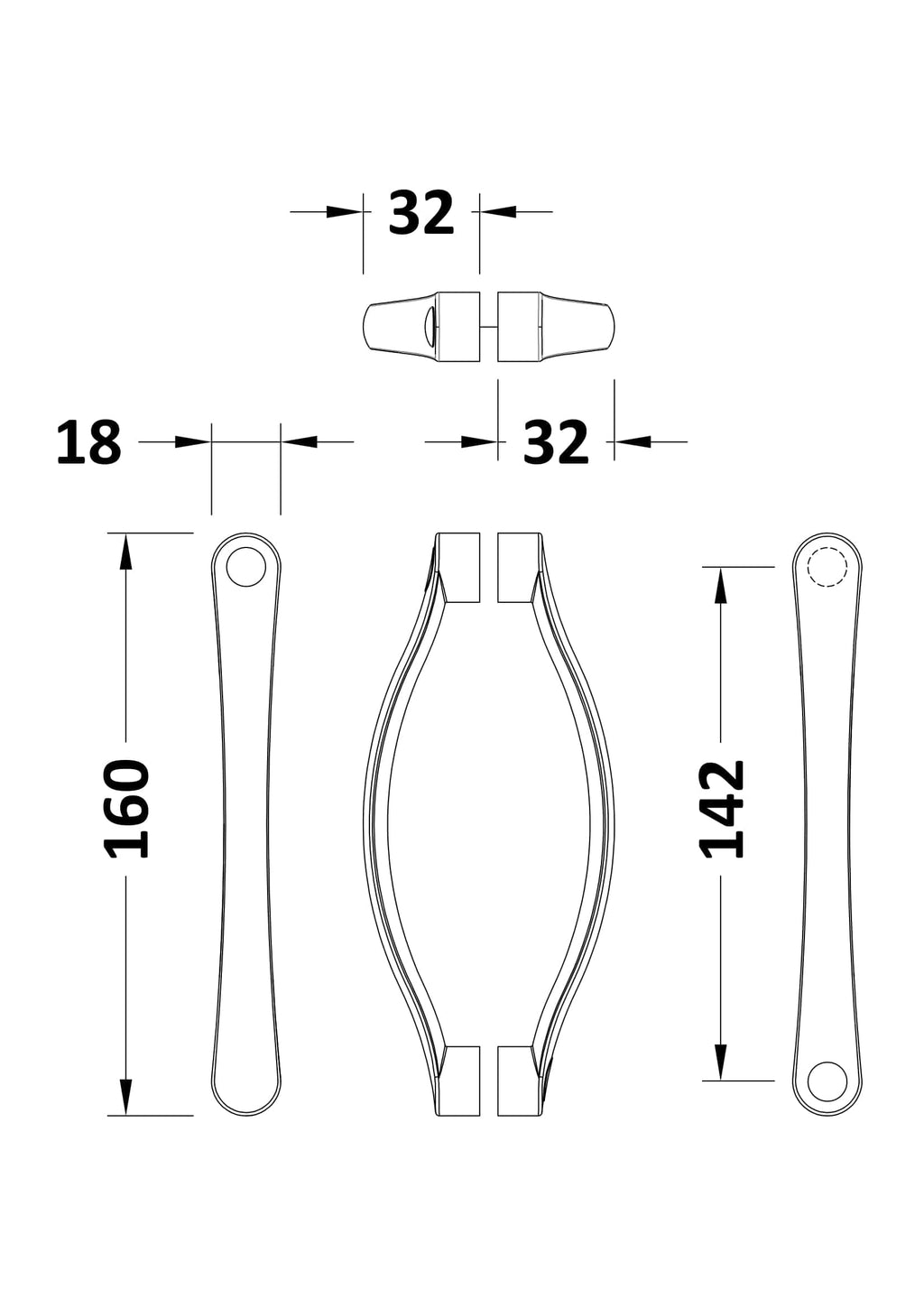 Precision bathroom door handle dimensions with ergonomic design, measuring 32mm diameter and 150mm and 142mm length, ideal for modern Bubly Bathrooms installations.