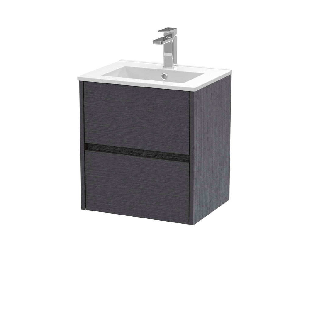 Sleek black bathroom vanity with integrated sink and modern chrome faucet, ideal for contemporary bathroom designs. Durable and stylish, perfect for bathroom storage and hygiene needs.