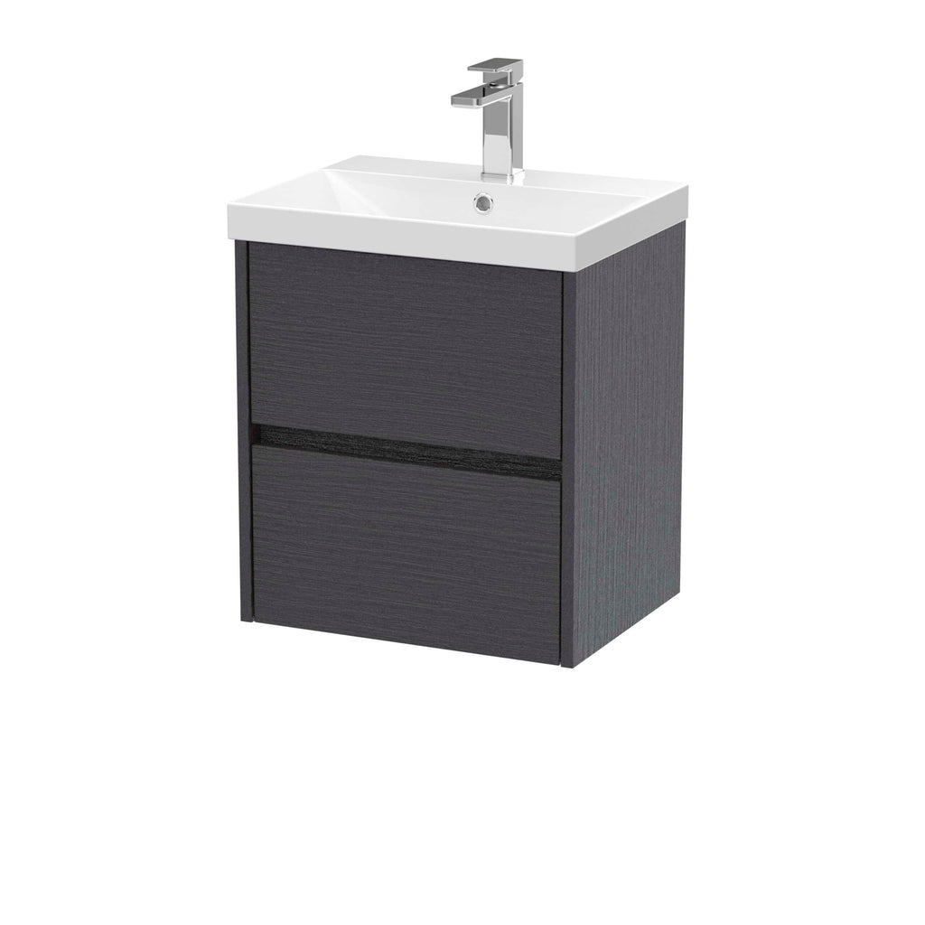 Sleek bathroom vanity with integrated sink and modern chrome tap, featuring dark wood finish cabinet for stylish bathroom storage solutions.