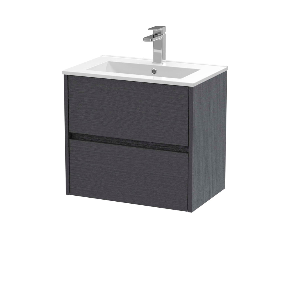 Modern black bathroom vanity unit with integrated sink and silver tap, ideal for contemporary bathroom designs and storage solutions.