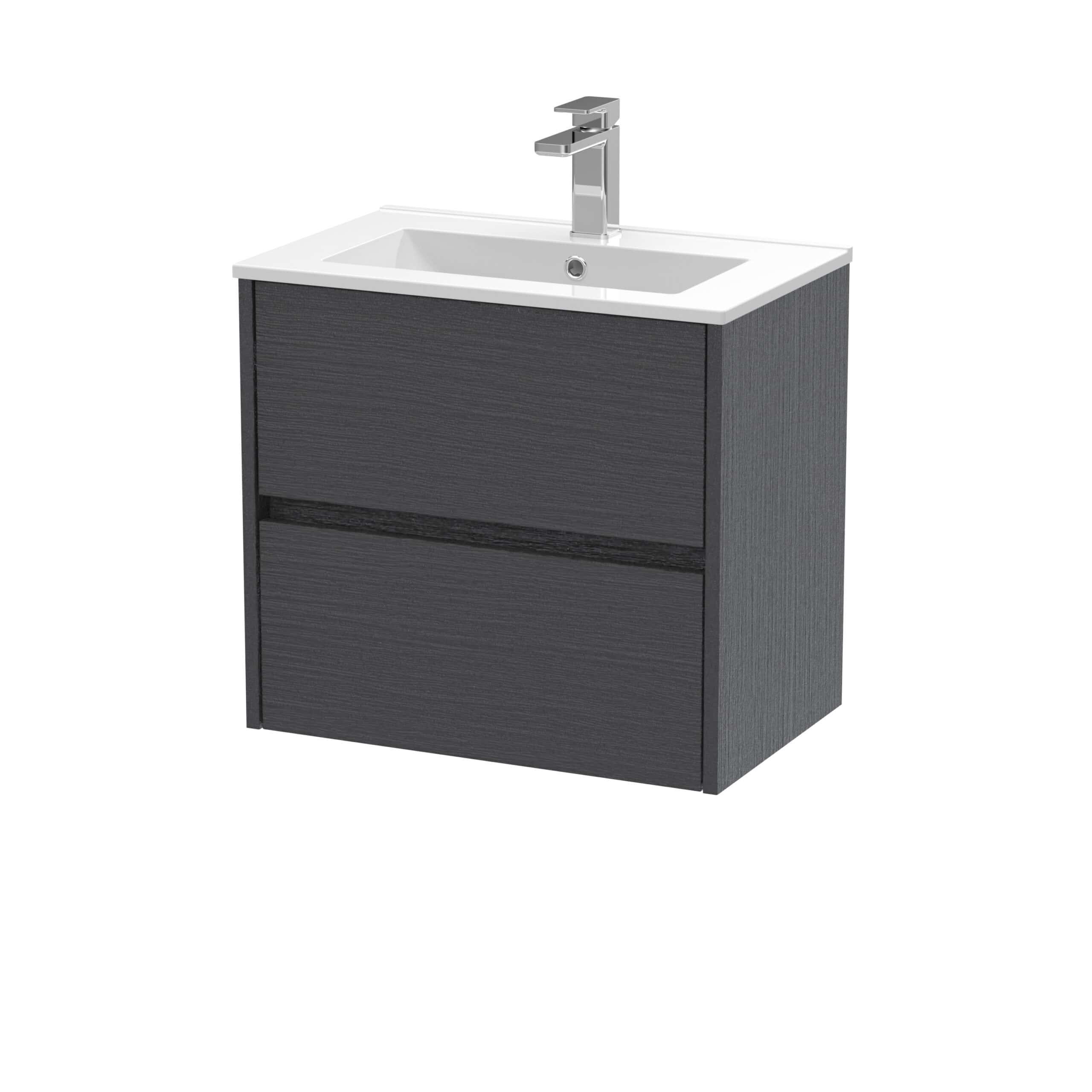 Modern black bathroom vanity unit with integrated sink and silver tap, ideal for contemporary bathroom designs and storage solutions.