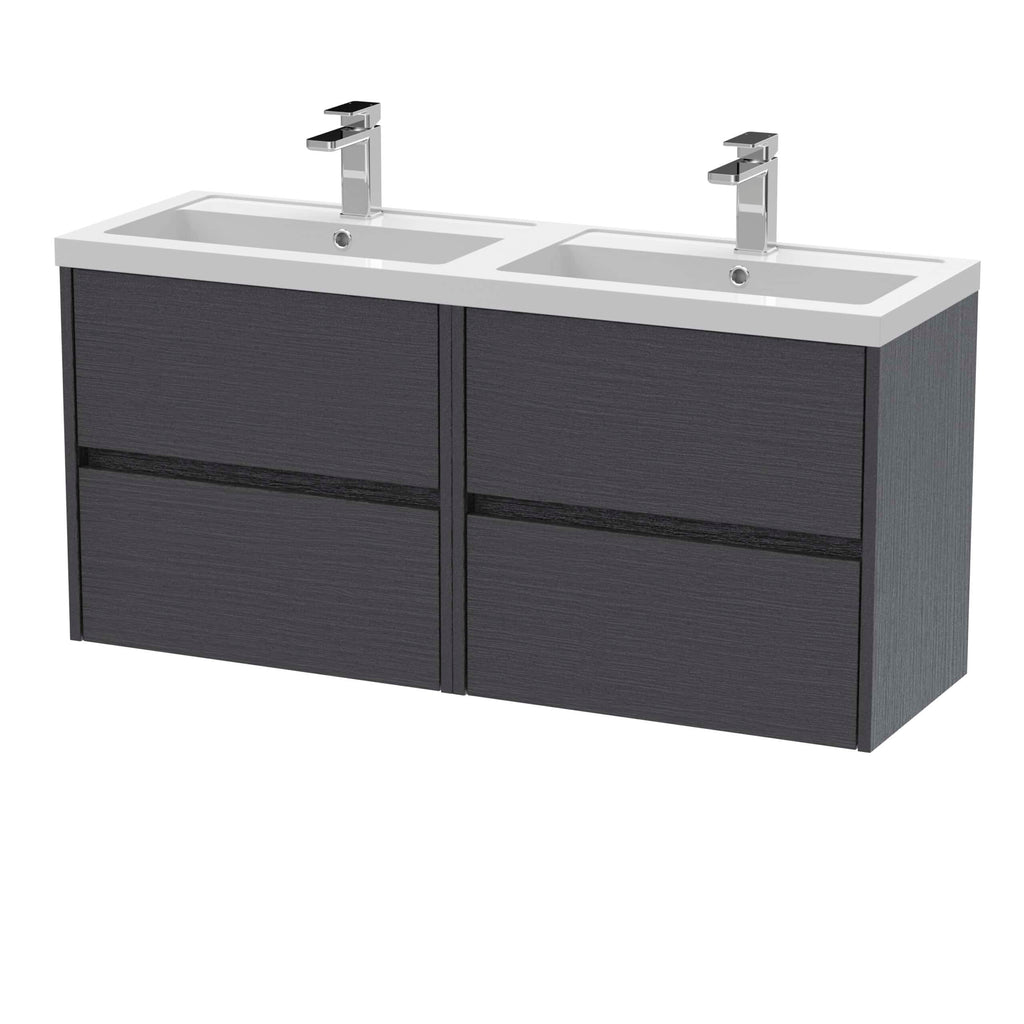 Sleek double vanity bathroom unit with integrated sinks, modern chrome taps, and dark wood finish for contemporary bathroom designs. Perfect for stylish and functional bathroom spaces.
