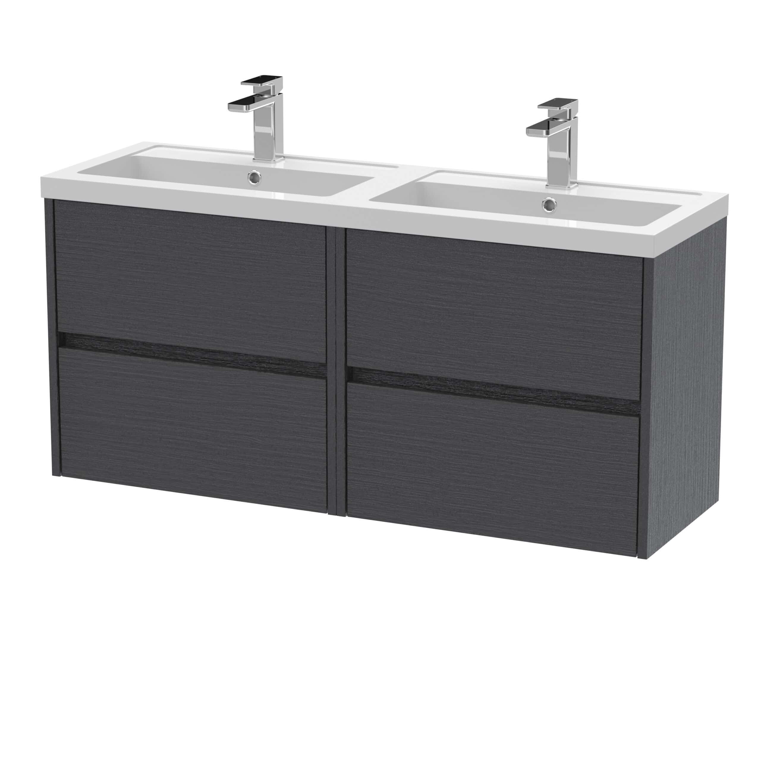 Sleek double vanity bathroom unit with integrated sinks, modern chrome taps, and dark wood finish for contemporary bathroom designs. Perfect for stylish and functional bathroom spaces.