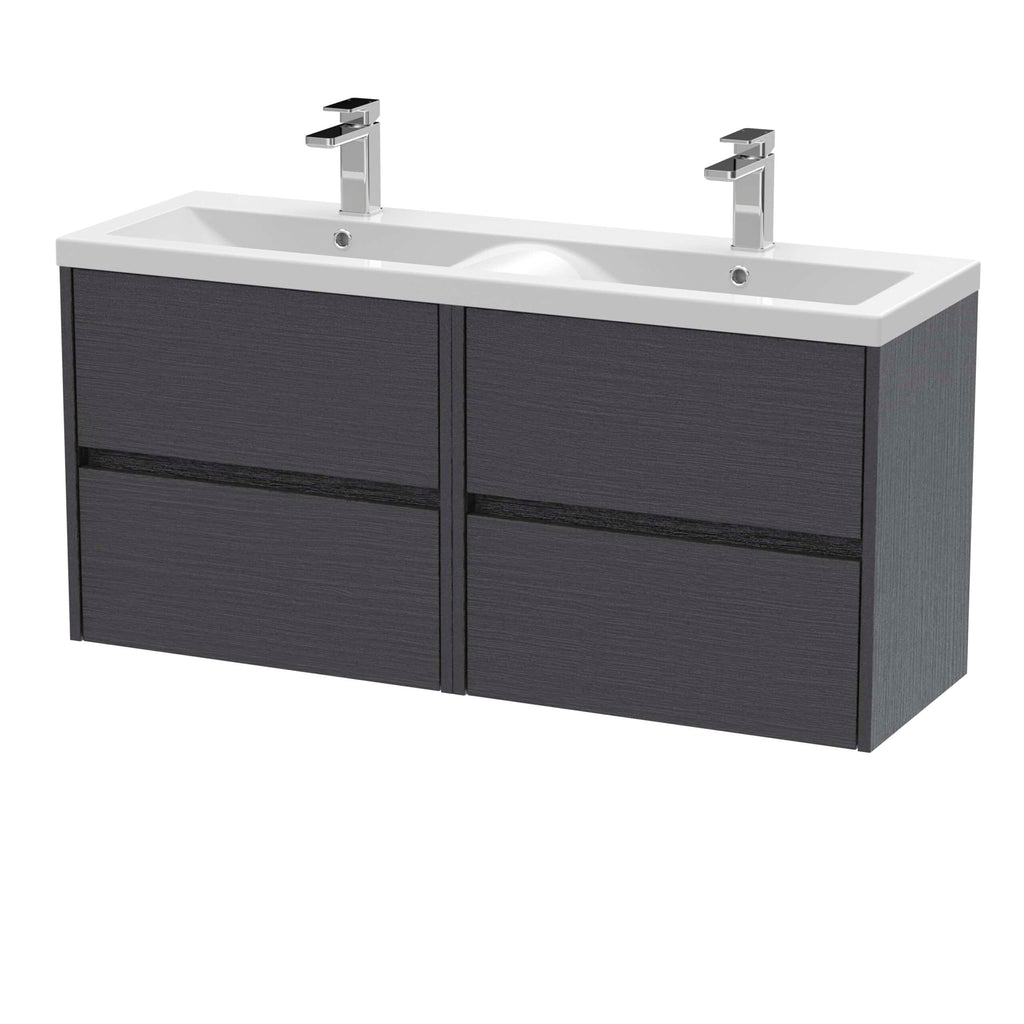 Contemporary double sink bathroom vanity unit with black wood finish and modern chrome taps, ideal for stylish bathroom interiors.