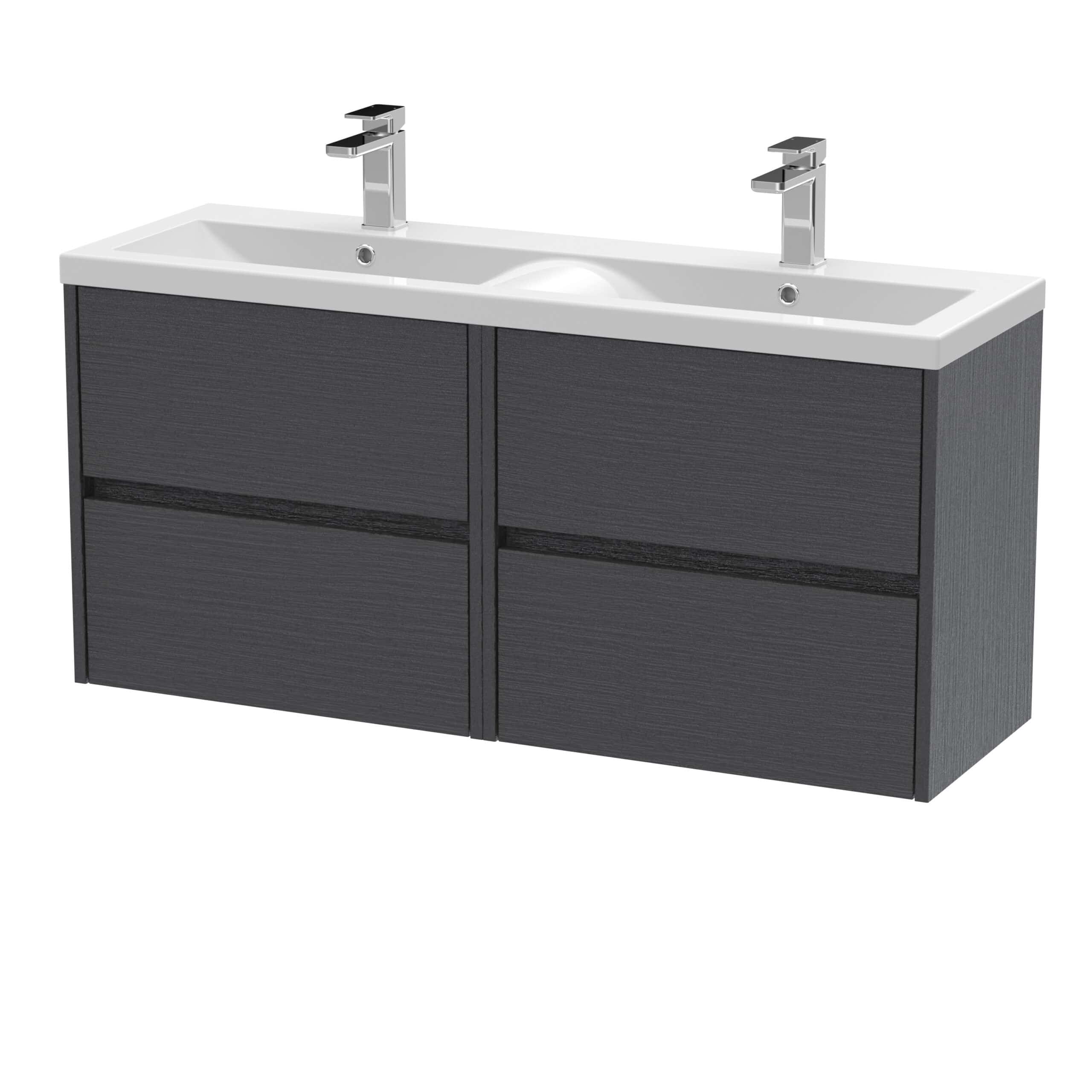 Contemporary double sink bathroom vanity unit with black wood finish and modern chrome taps, ideal for stylish bathroom interiors.