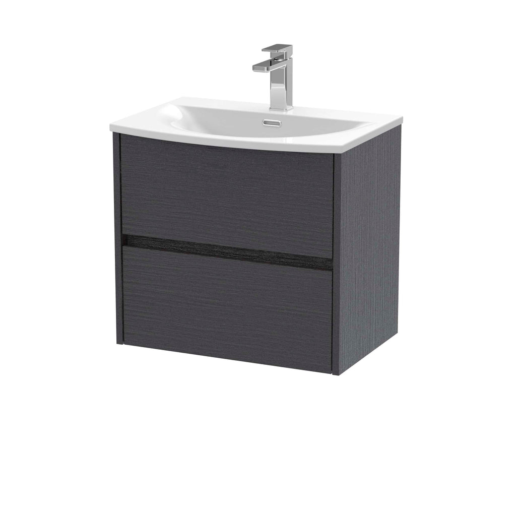 Modern black bathroom vanity unit with white ceramic sink and chrome faucet, ideal for contemporary bathroom renovations and space-saving solutions.