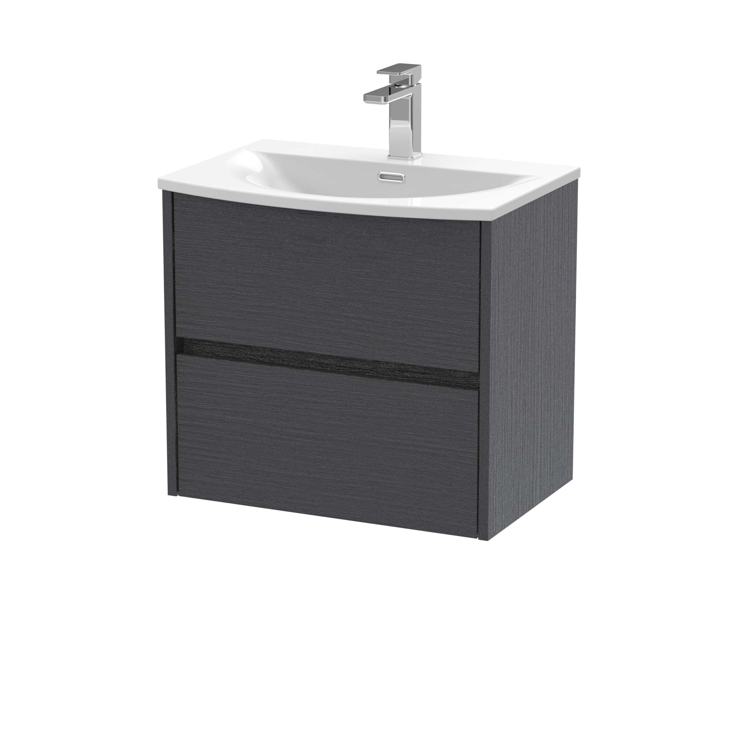 Modern black bathroom vanity unit with white ceramic sink and chrome faucet, ideal for contemporary bathroom renovations and space-saving solutions.