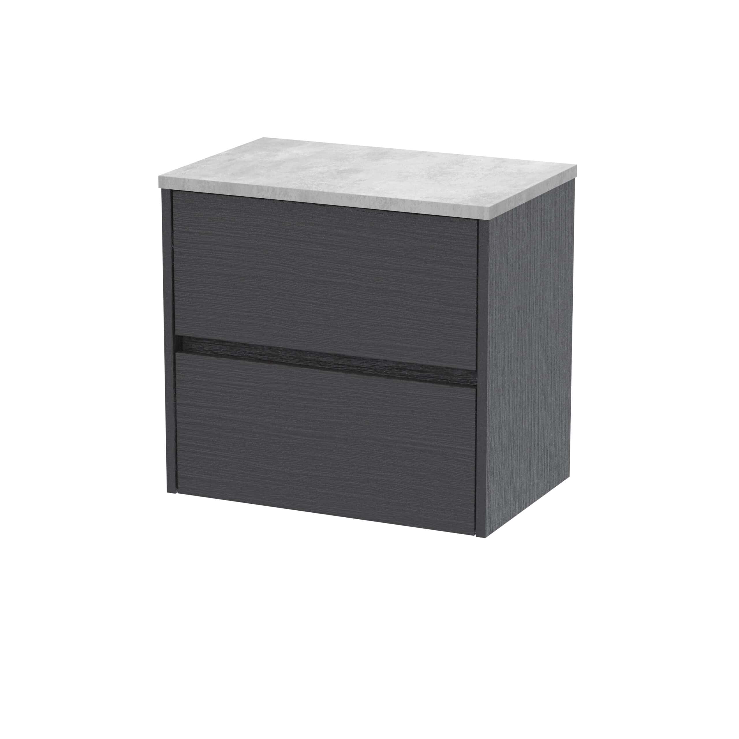 Modern black bathroom vanity with a white marble top, sleek storage drawers, ideal for contemporary bathroom design. Perfect for adding style and functionality to your bathroom space.