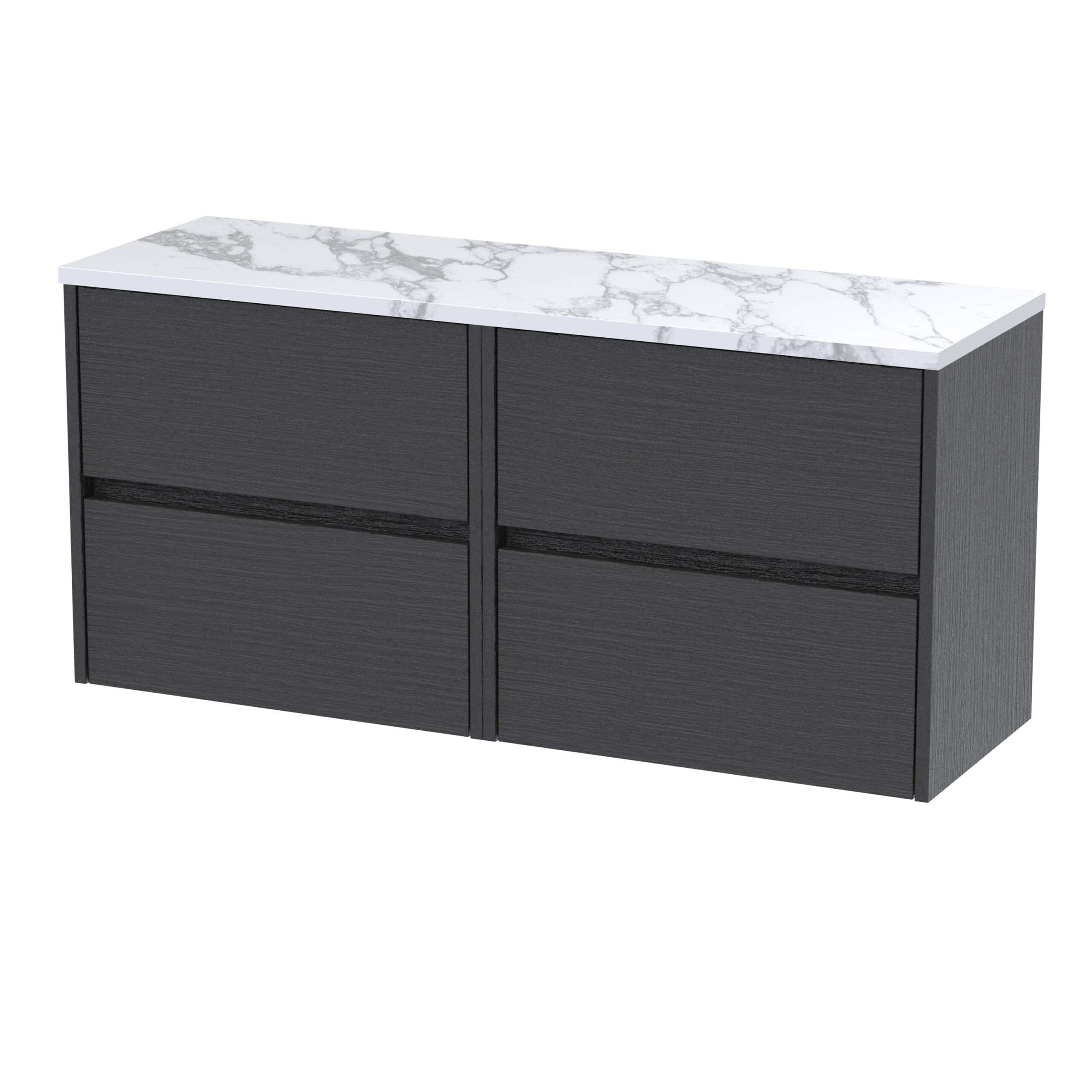 Sleek black bathroom vanity with four drawers and a white marble top, perfect for modern bathroom storage and design.