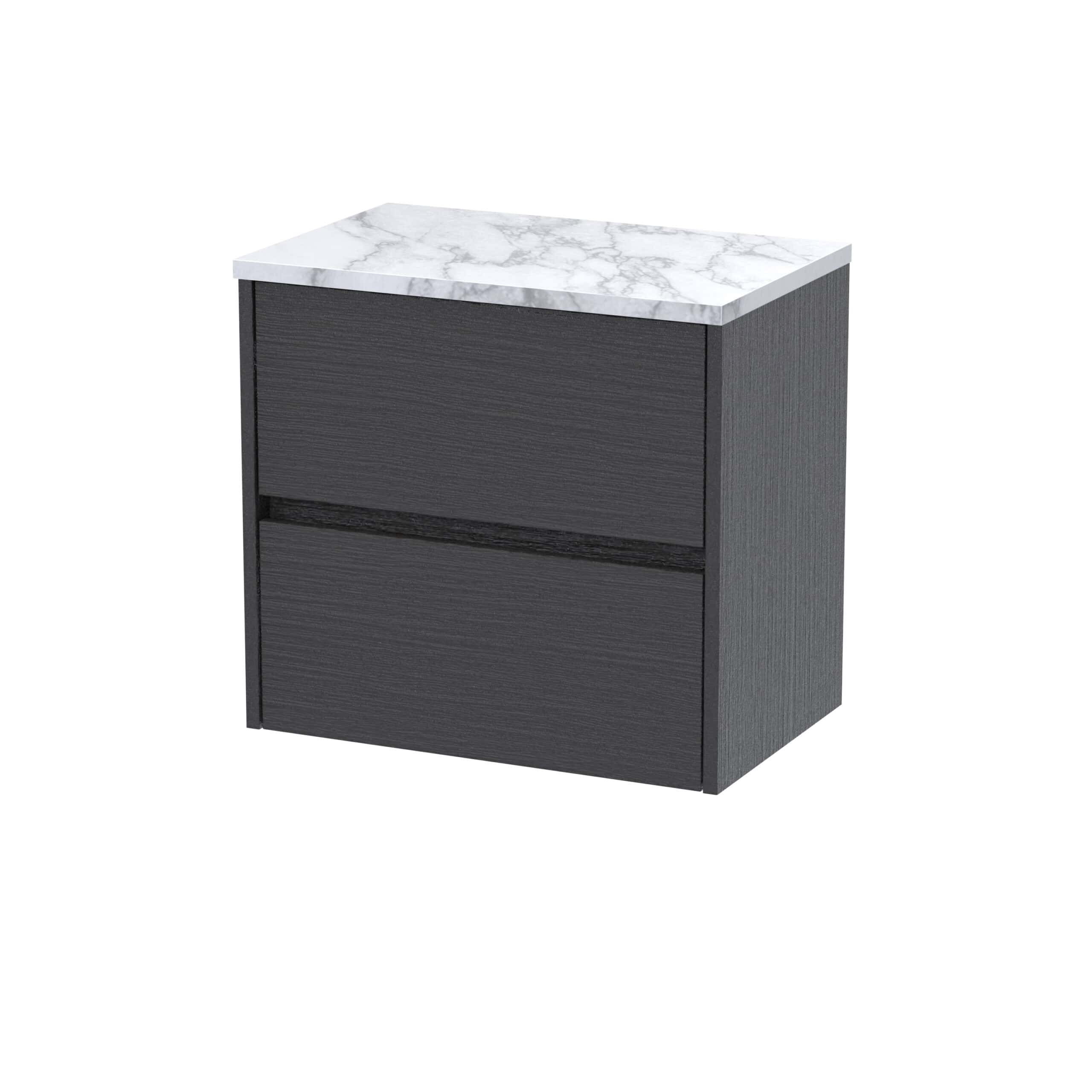 Sleek black bathroom vanity with two drawers and a white marble countertop, modern and functional design for contemporary bathrooms.