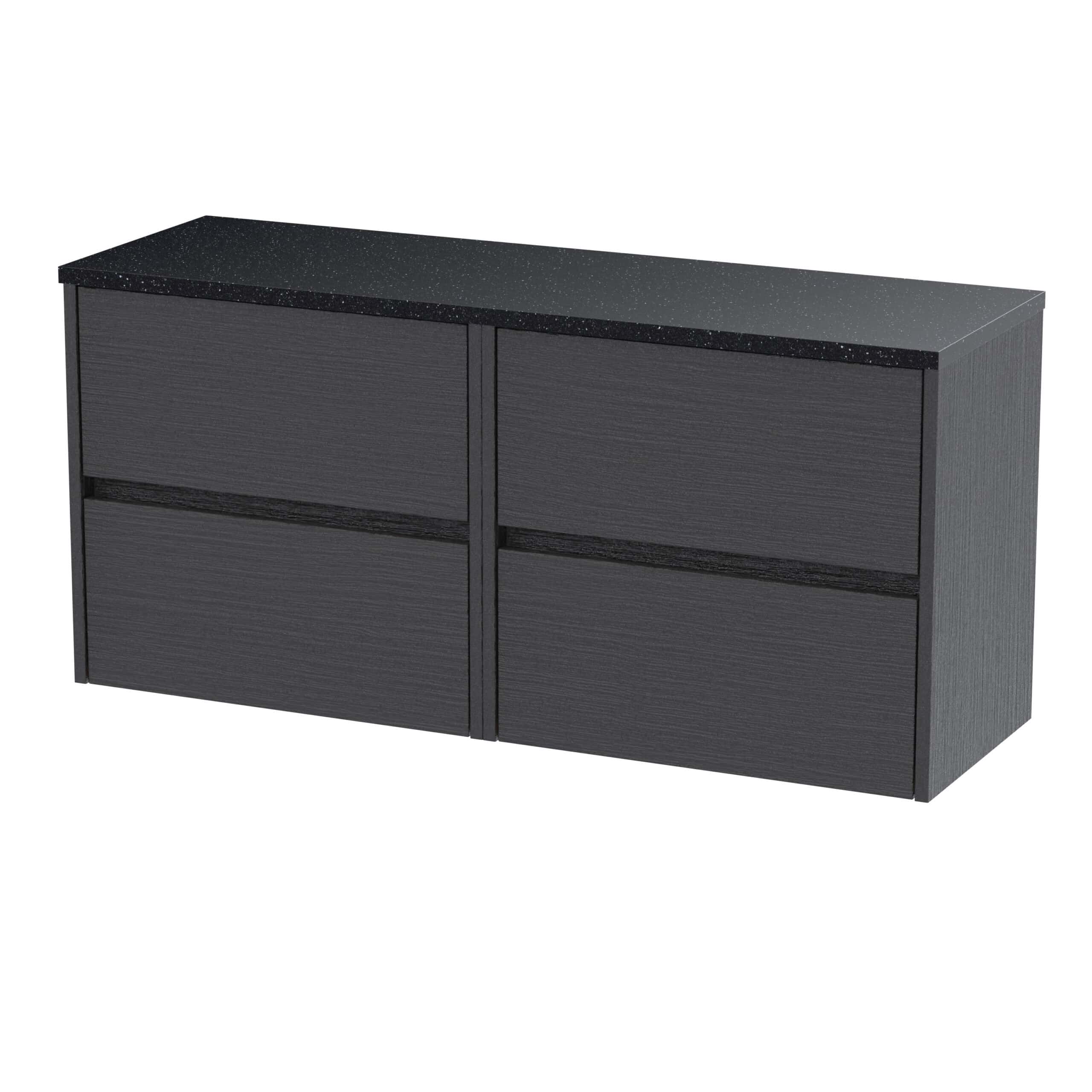 Sleek black bathroom vanity unit with four drawers and a polished granite top, ideal for modern bathroom storage solutions. Durable, stylish, and functional furniture from Bubly Bathrooms.